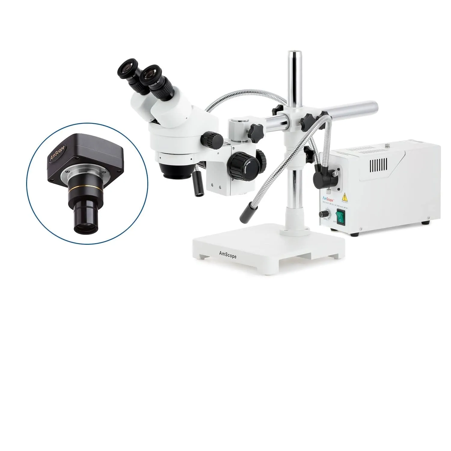 AmScope SM-3 Series Zoom Binocular Stereo Microscope with 150W Halogen Dual Fiber Gooseneck Lights and Optional Digital Camera on Single Arm Boom Stand