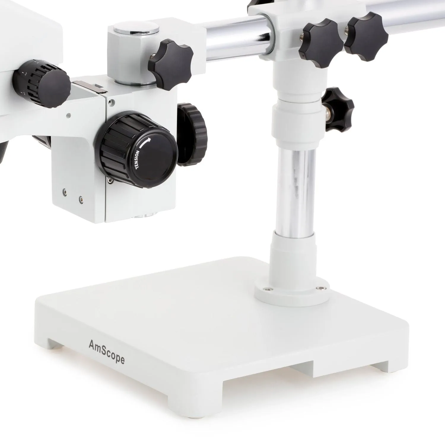 AmScope SM-3 Series Zoom Binocular Stereo Microscope with 150W Halogen Dual Fiber Gooseneck Lights and Optional Digital Camera on Single Arm Boom Stand