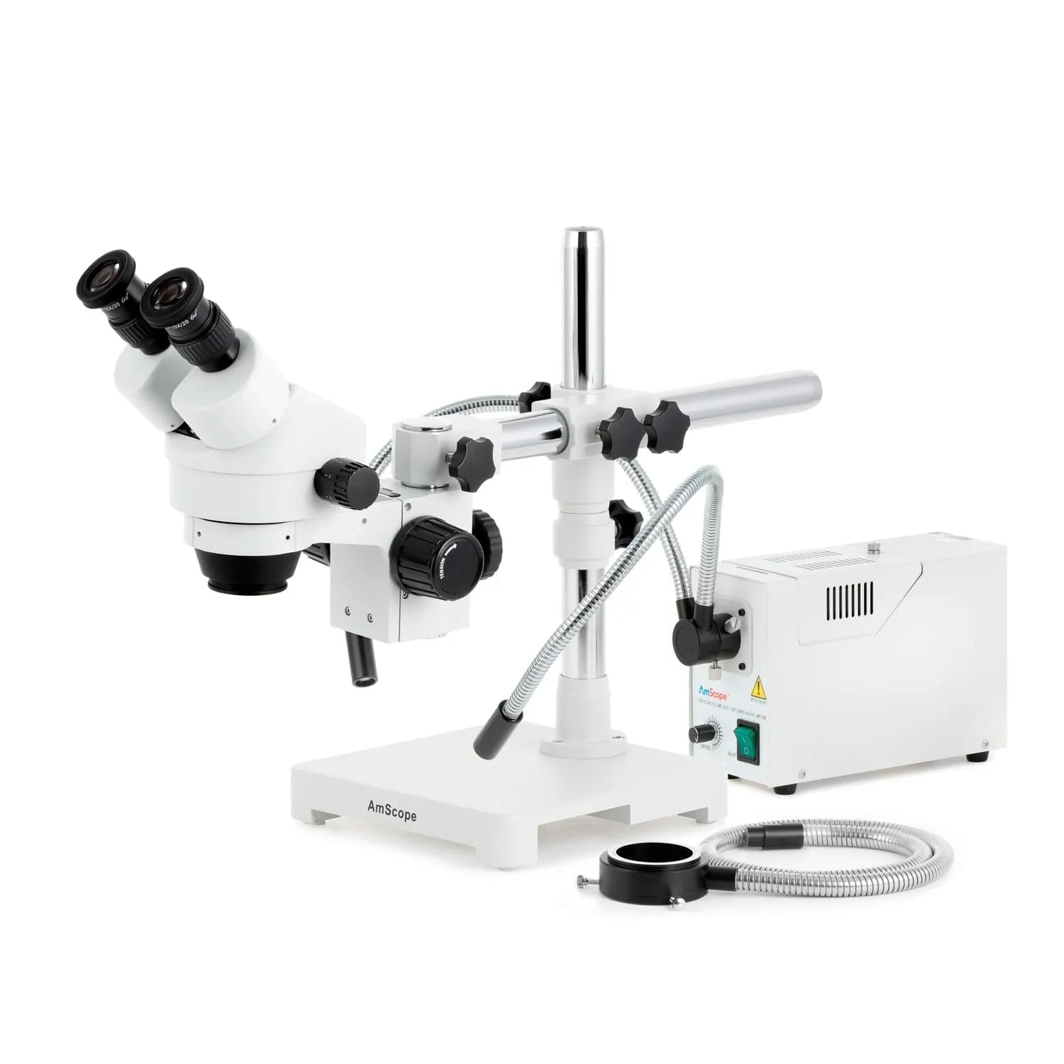 AmScope SM-3 Series Zoom Binocular Stereo Microscope with 150W Halogen Dual Gooseneck & Ring Lights and Optional Digital Camera on Single Arm Boom Stand
