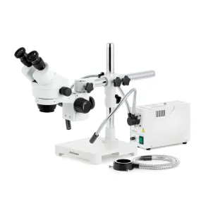 AmScope SM-3 Series Zoom Binocular Stereo Microscope with 150W Halogen Dual Gooseneck & Ring Lights and Optional Digital Camera on Single Arm Boom Stand