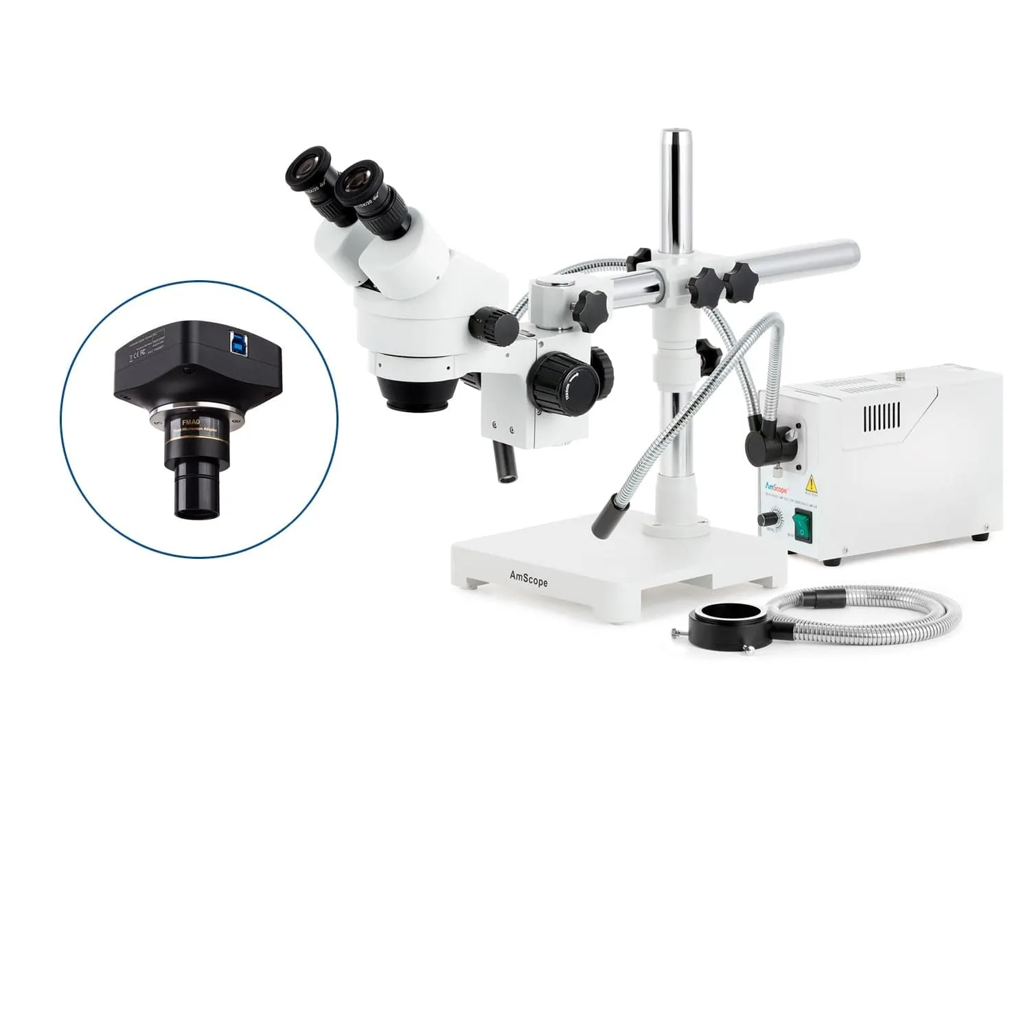 AmScope SM-3 Series Zoom Binocular Stereo Microscope with 150W Halogen Dual Gooseneck & Ring Lights and Optional Digital Camera on Single Arm Boom Stand