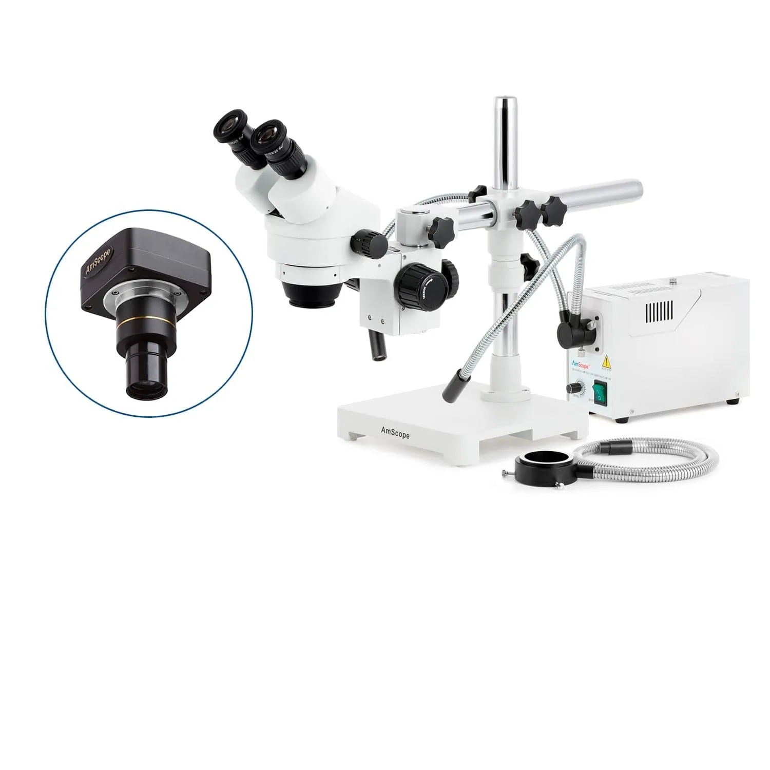 AmScope SM-3 Series Zoom Binocular Stereo Microscope with 150W Halogen Dual Gooseneck & Ring Lights and Optional Digital Camera on Single Arm Boom Stand