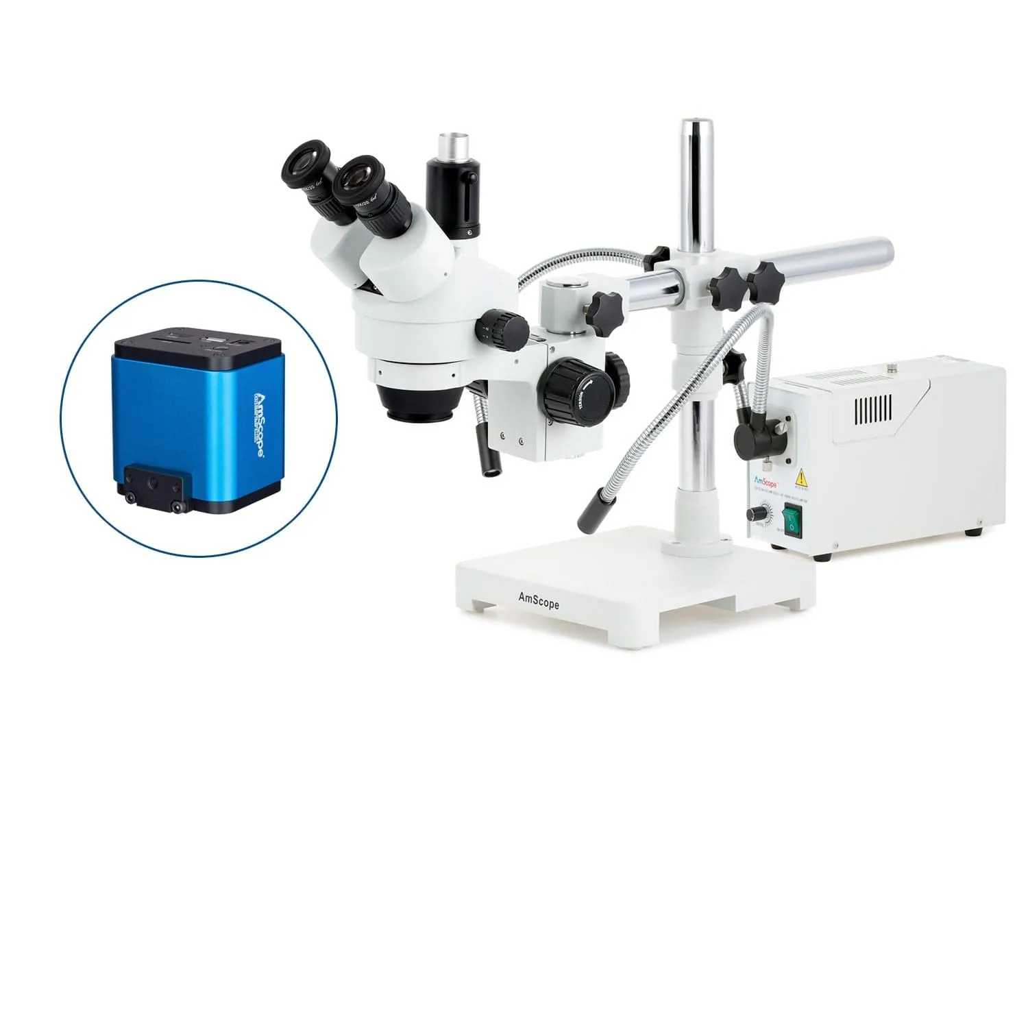 AmScope SM-3 Series Zoom Trinocular Stereo Microscope with 150W Halogen Dual Fiber Gooseneck Lights and HDMI Camera on Single Arm Boom Stand