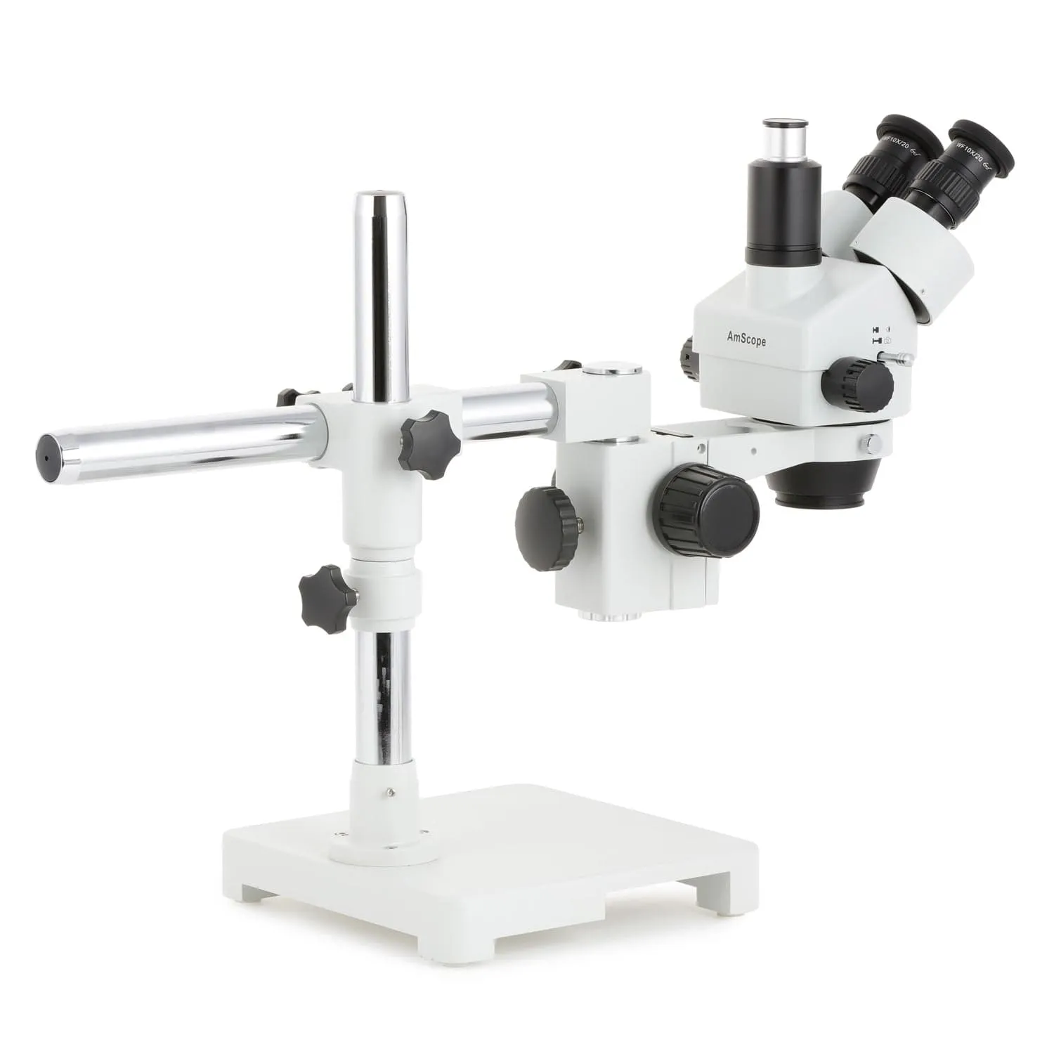 AmScope SM-3 Series Zoom Trinocular Stereo Microscope with 150W Halogen Dual Gooseneck & Ring Lights and Optional Digital Camera on Single Arm Boom Stand