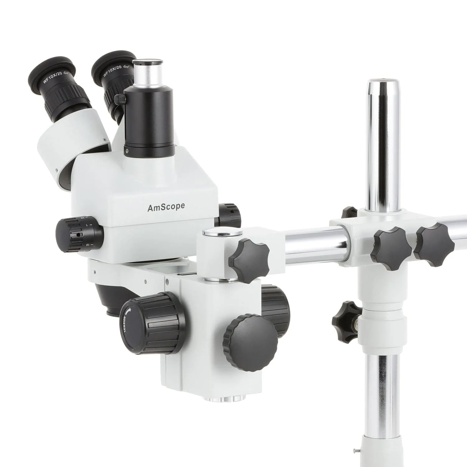 AmScope SM-3 Series Zoom Trinocular Stereo Microscope with 150W Halogen Dual Gooseneck & Ring Lights and Optional Digital Camera on Single Arm Boom Stand