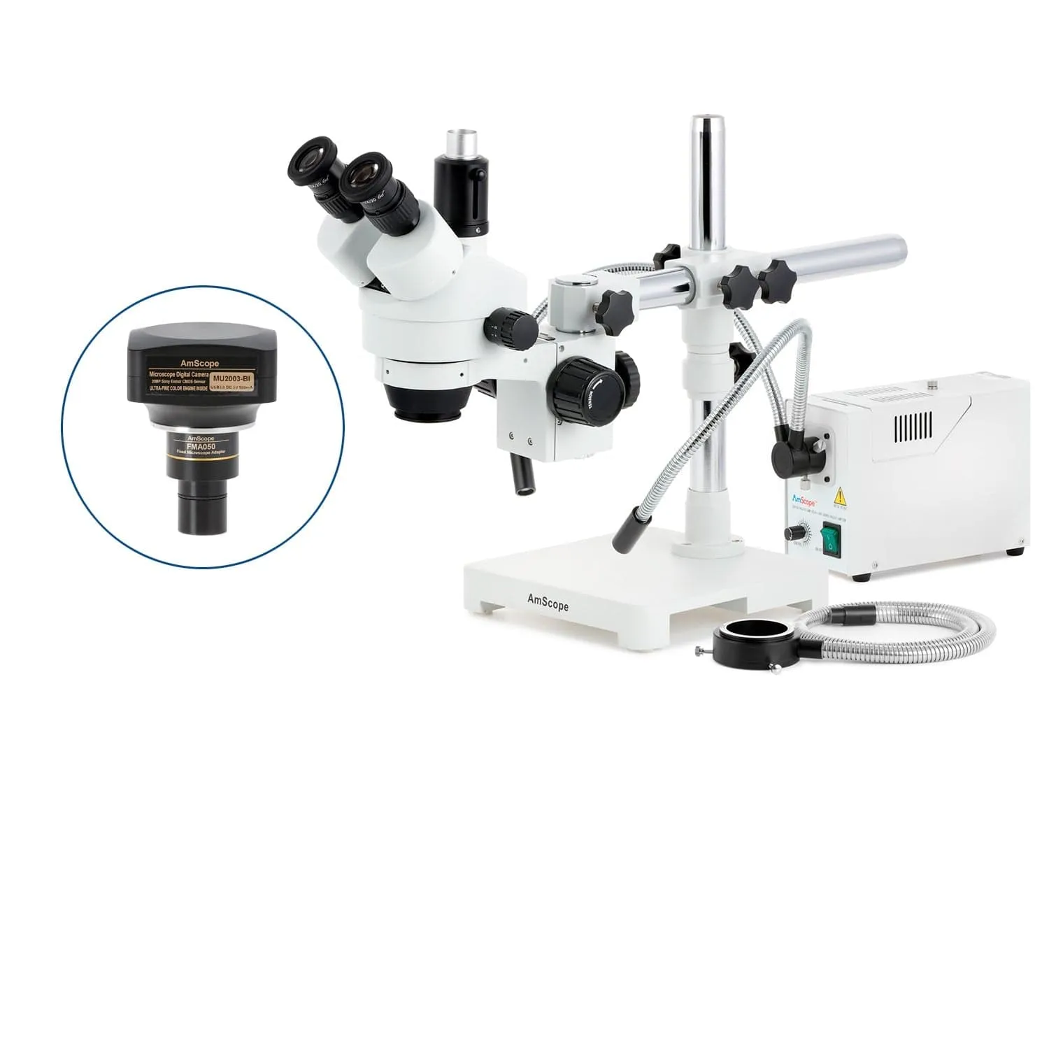 AmScope SM-3 Series Zoom Trinocular Stereo Microscope with 150W Halogen Dual Gooseneck & Ring Lights and Optional Digital Camera on Single Arm Boom Stand