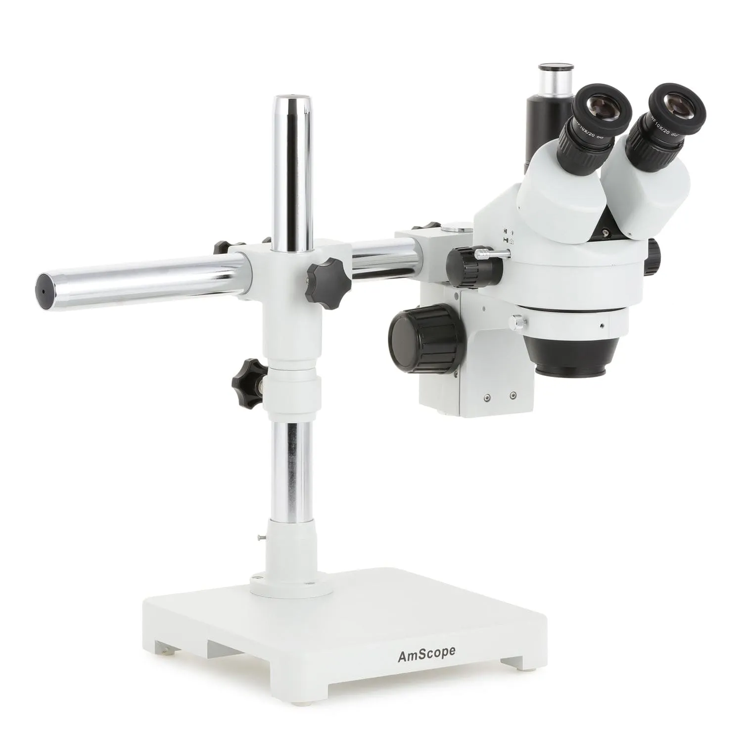 AmScope SM-3 Series Zoom Trinocular Stereo Microscope with 150W Halogen Dual Gooseneck & Ring Lights and Optional Digital Camera on Single Arm Boom Stand