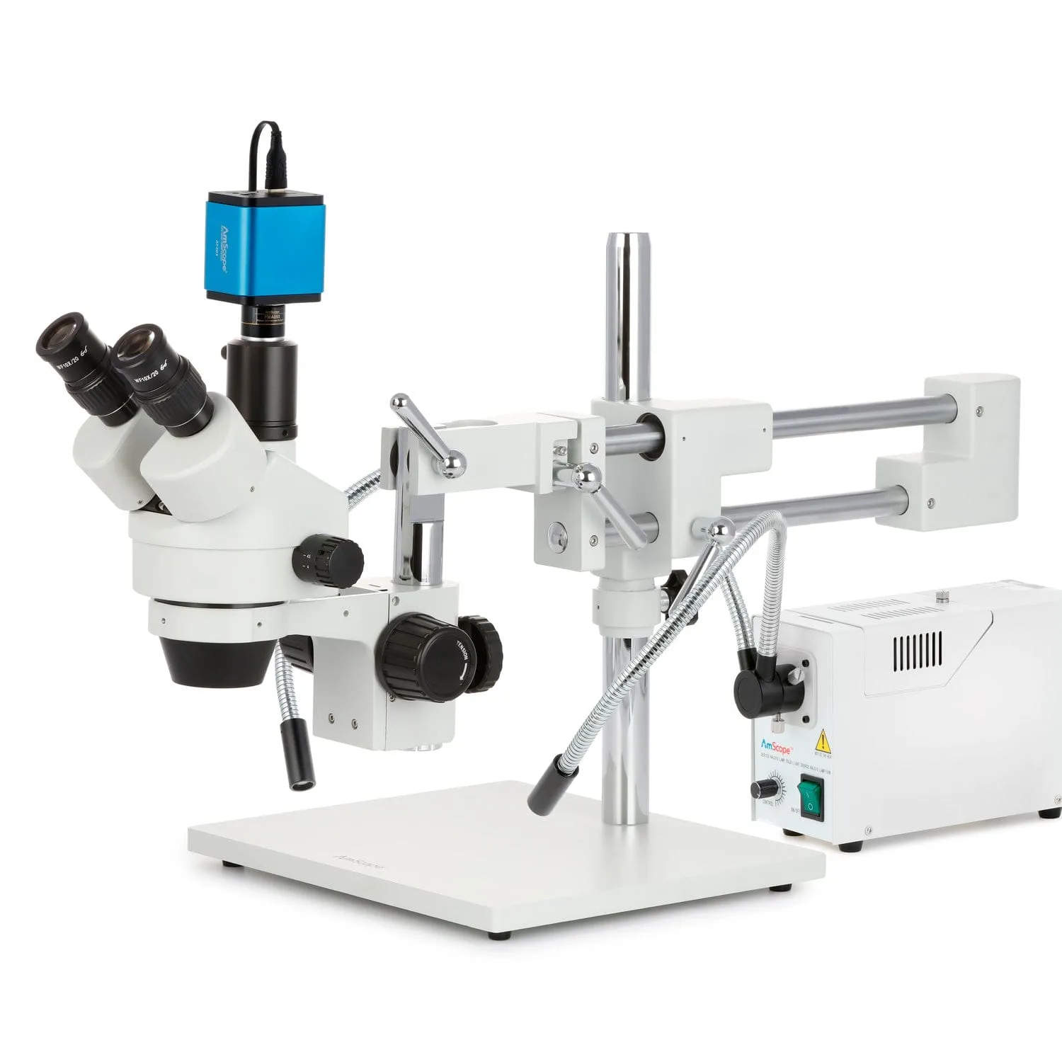 AmScope SM-4 Series Simul-Focal Zoom Trinocular Stereo Microscope with 150W Halogen Dual Fiber Gooseneck Lights and Auto Focus Camera on Double Arm Boom Stand