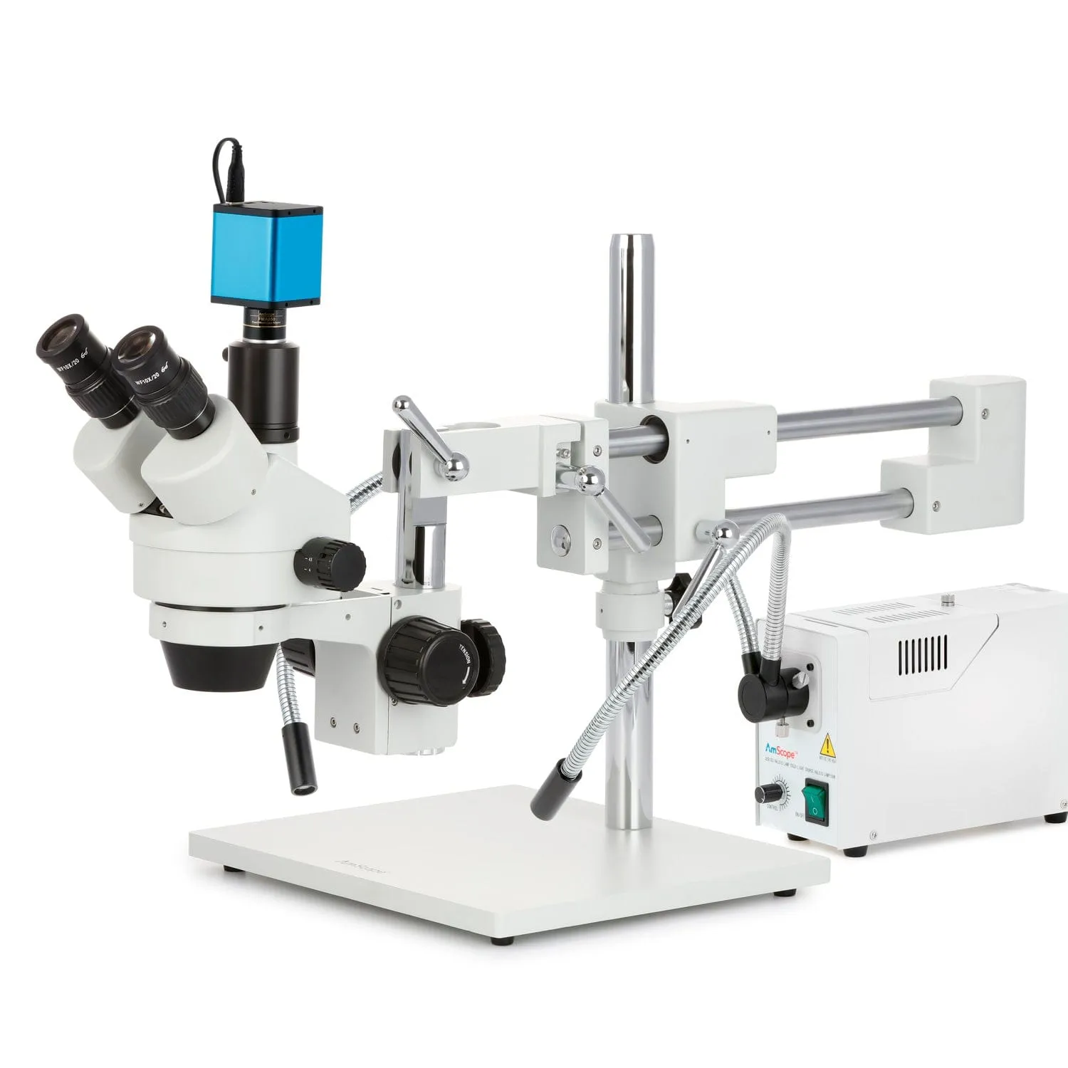 AmScope SM-4 Series Simul-Focal Zoom Trinocular Stereo Microscope with 150W Halogen Dual Fiber Gooseneck Lights and Auto Focus Camera on Double Arm Boom Stand