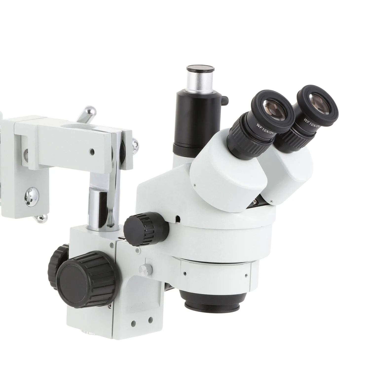 AmScope SM-4 Series Simul-Focal Zoom Trinocular Stereo Microscope with 150W Halogen Dual Fiber Gooseneck Lights and HDMI Camera on Double Arm Boom Stand