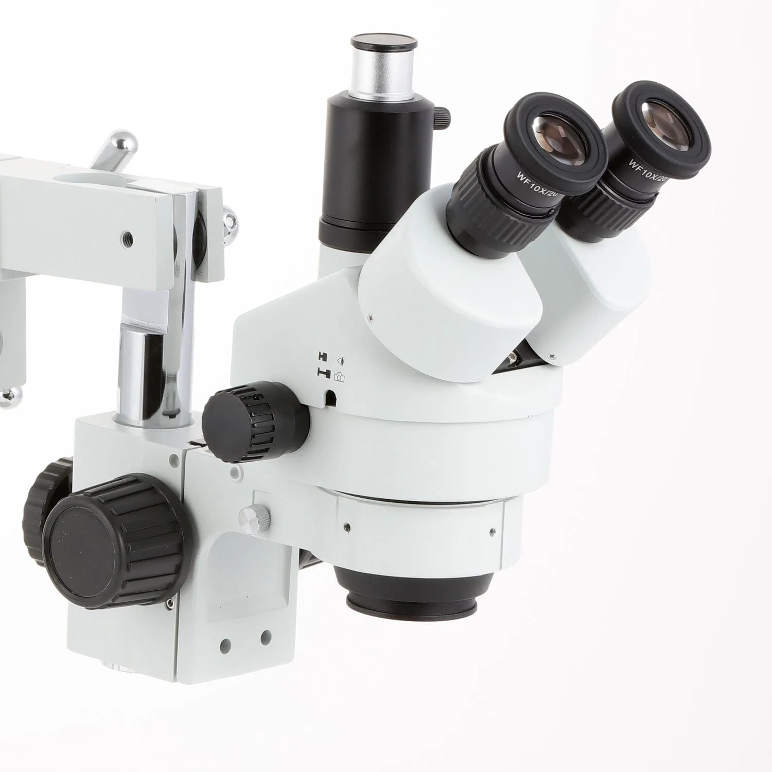 AmScope SM-4 Series Simul-Focal Zoom Trinocular Stereo Microscope with 150W Halogen Dual Fiber Gooseneck Lights and Optional Digital Camera on Double Arm Boom Stand