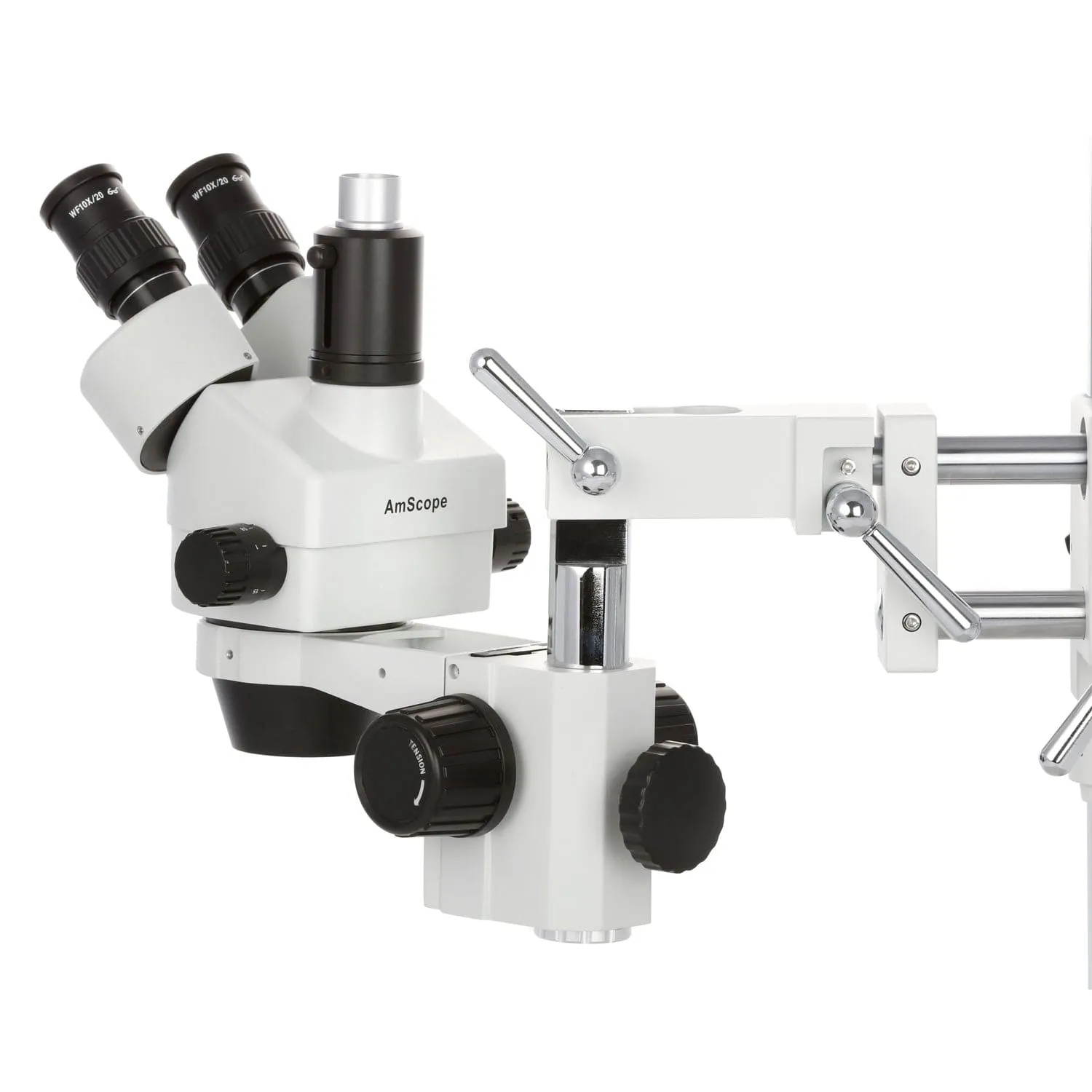 AmScope SM-4 Series Simul-Focal Zoom Trinocular Stereo Microscope with 150W Halogen Dual Fiber Gooseneck Lights and Optional Digital Camera on Double Arm Boom Stand