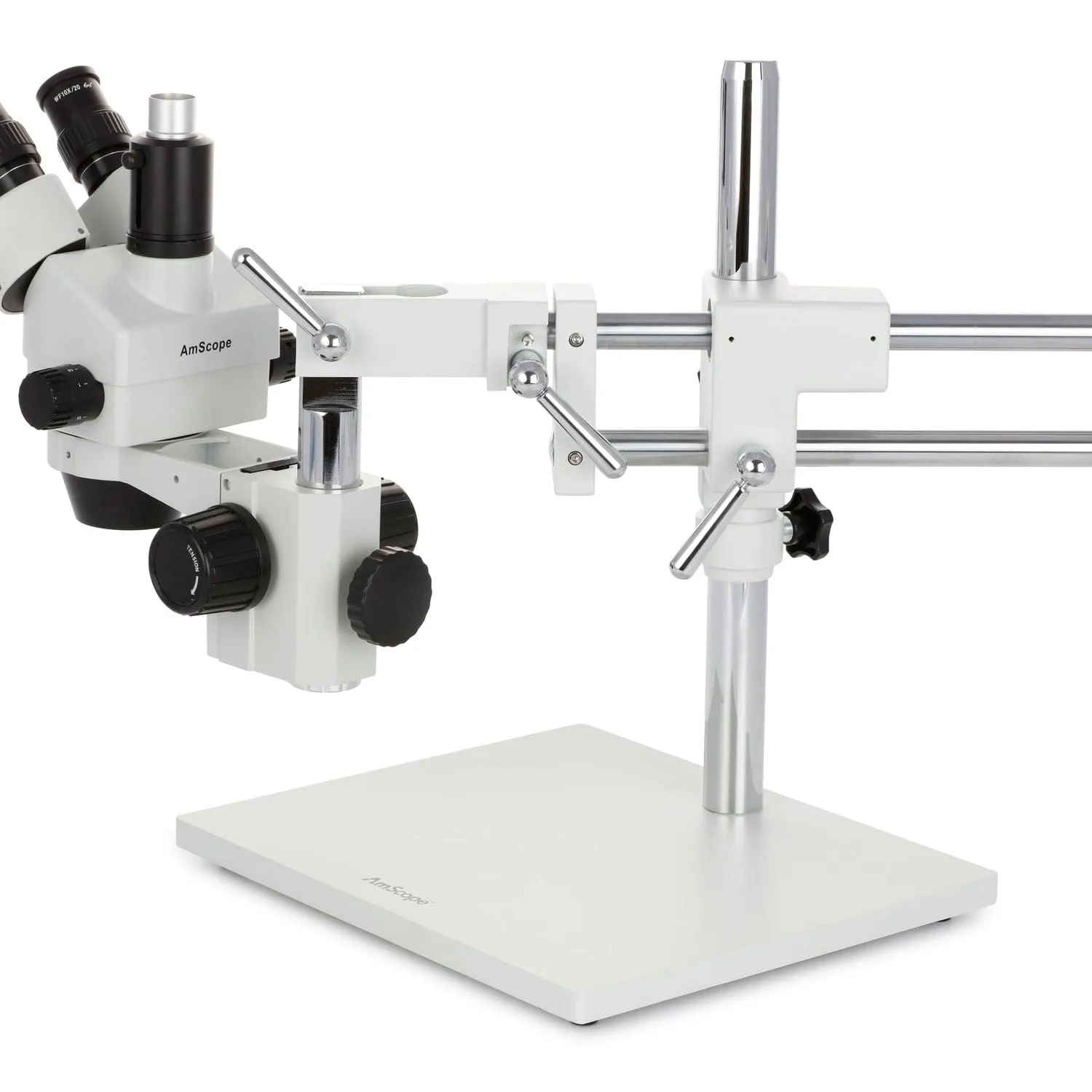AmScope SM-4 Series Simul-Focal Zoom Trinocular Stereo Microscope with 150W Halogen Dual Fiber Gooseneck Lights and Optional Digital Camera on Double Arm Boom Stand