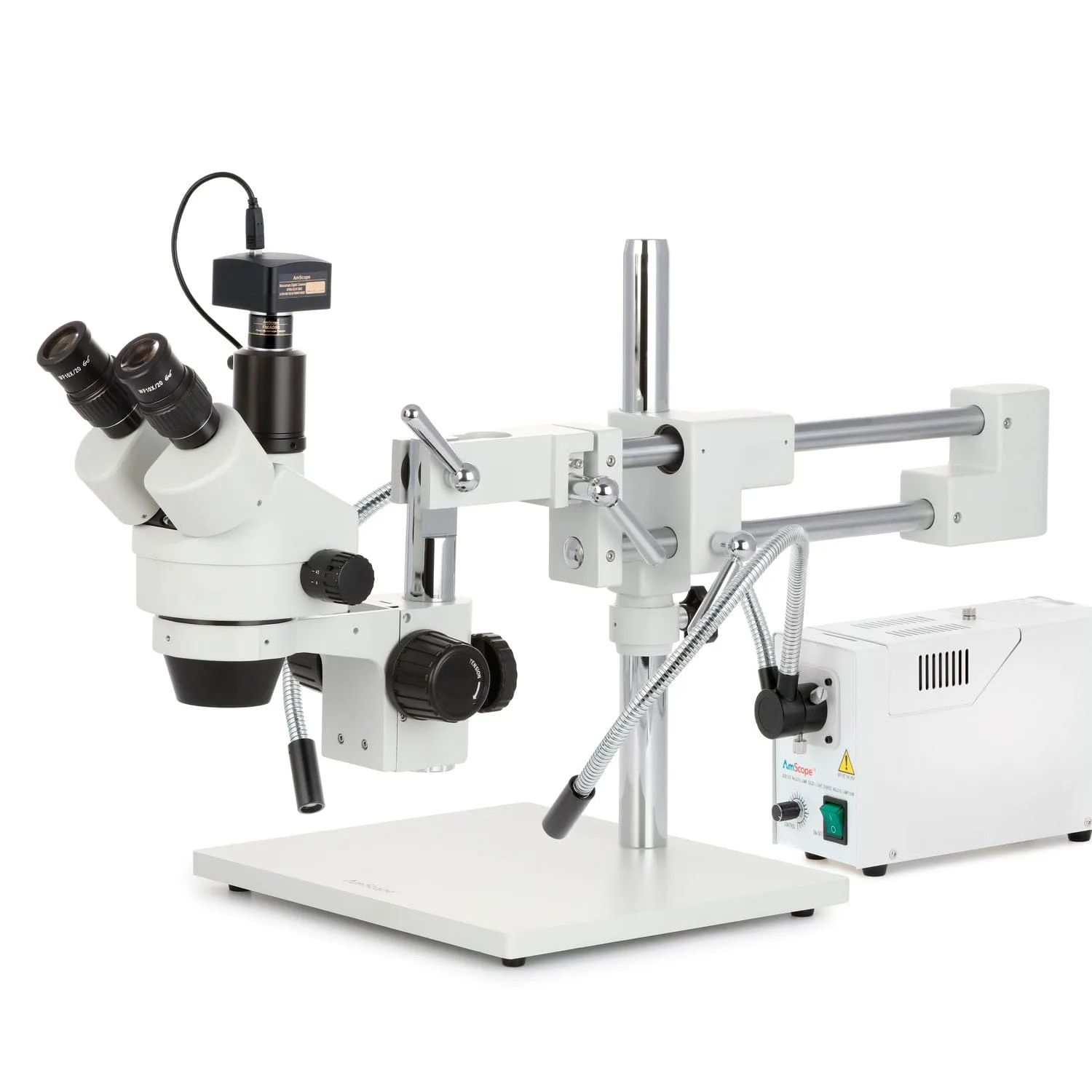 AmScope SM-4 Series Simul-Focal Zoom Trinocular Stereo Microscope with 150W Halogen Dual Fiber Gooseneck Lights and Optional Digital Camera on Double Arm Boom Stand