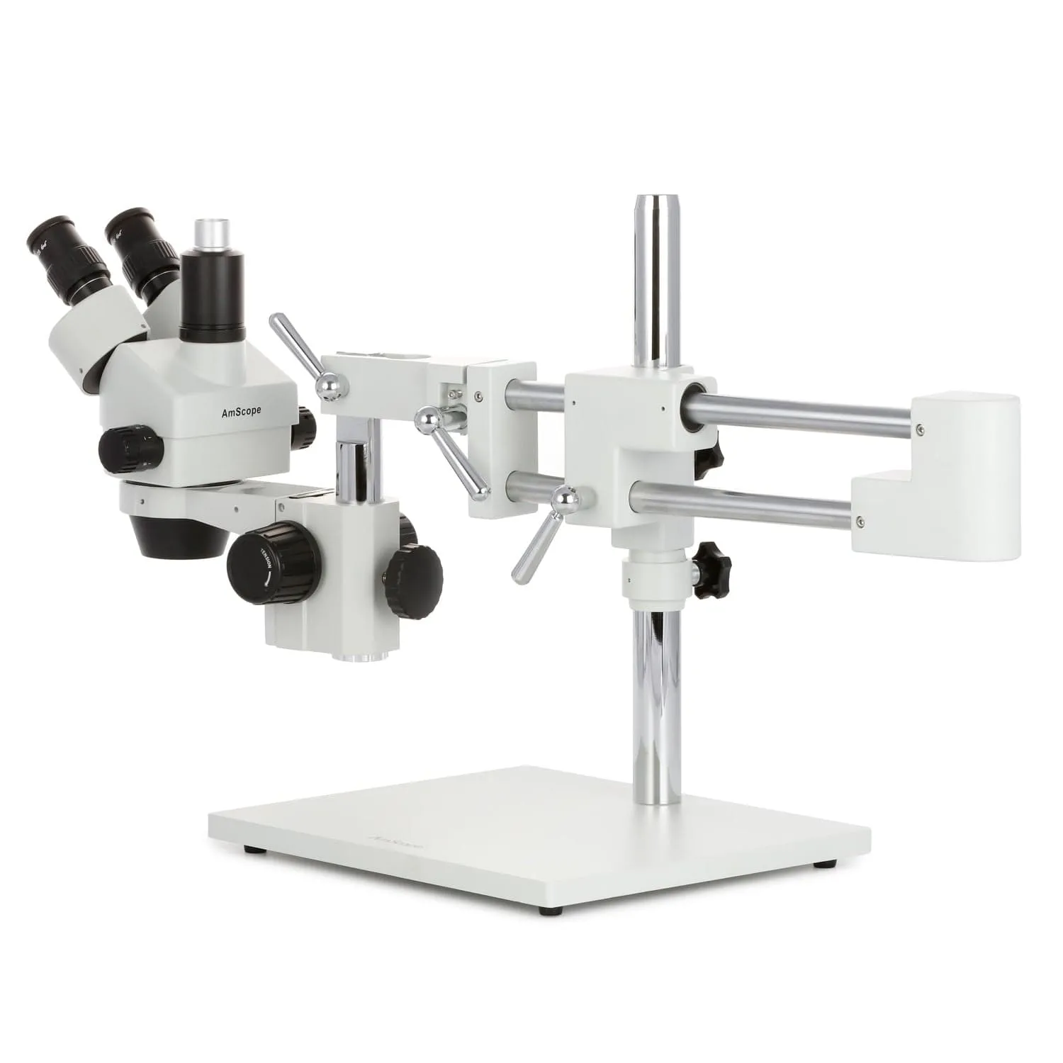 AmScope SM-4 Series Simul-Focal Zoom Trinocular Stereo Microscope with 150W Halogen Dual Fiber Gooseneck Lights and Optional Digital Camera on Double Arm Boom Stand