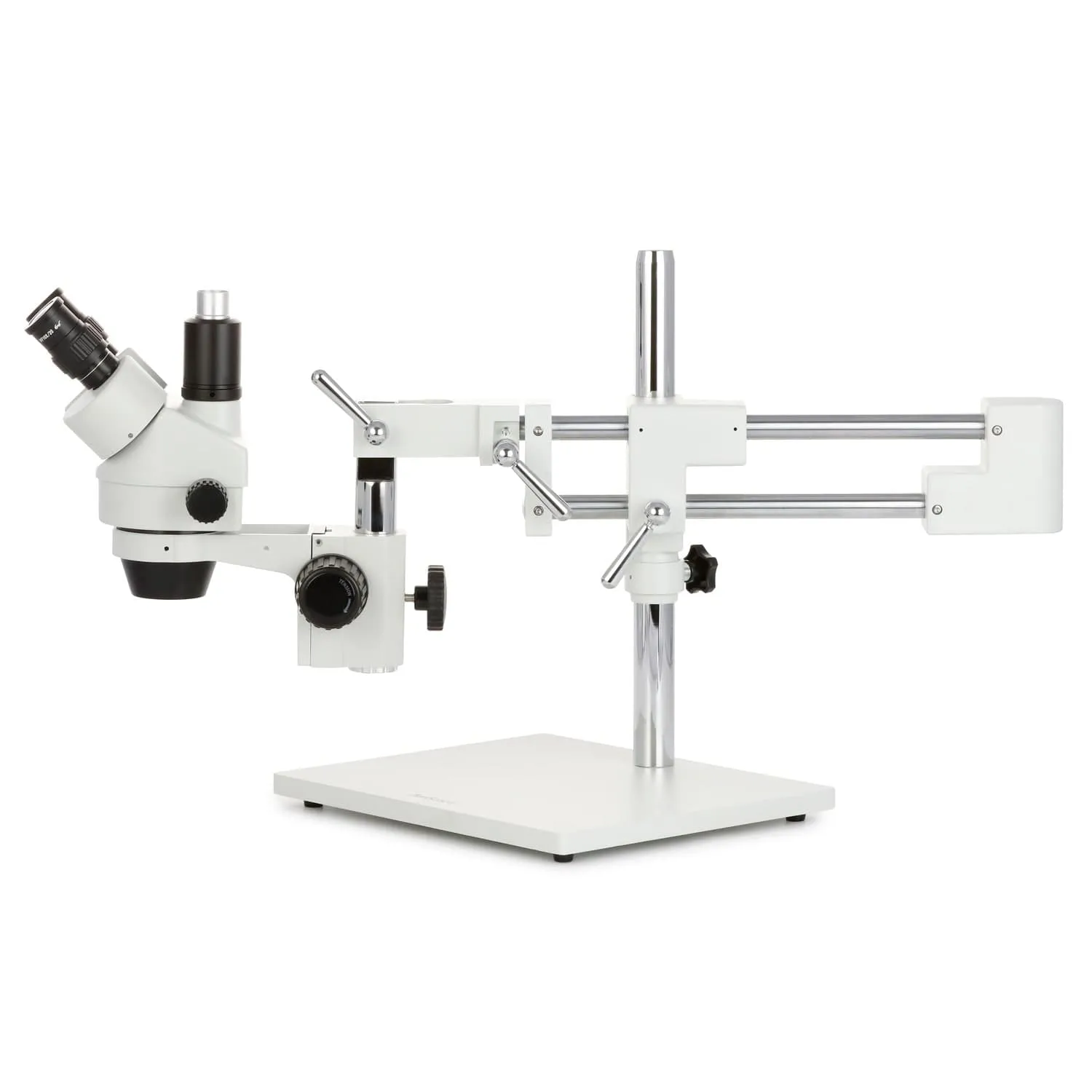 AmScope SM-4 Series Simul-Focal Zoom Trinocular Stereo Microscope with 150W Halogen Dual Fiber Gooseneck Lights and Optional Digital Camera on Double Arm Boom Stand