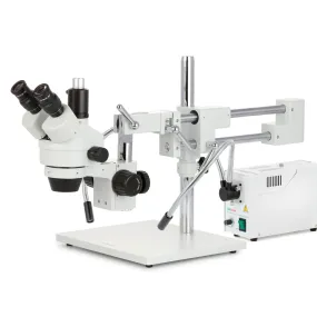 AmScope SM-4 Series Simul-Focal Zoom Trinocular Stereo Microscope with 150W Halogen Dual Fiber Gooseneck Lights and Optional Digital Camera on Double Arm Boom Stand