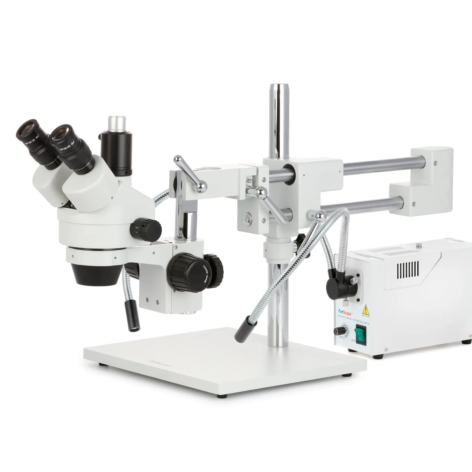 AmScope SM-4 Series Simul-Focal Zoom Trinocular Stereo Microscope with 150W Halogen Dual Fiber Gooseneck Lights and Optional Digital Camera on Double Arm Boom Stand