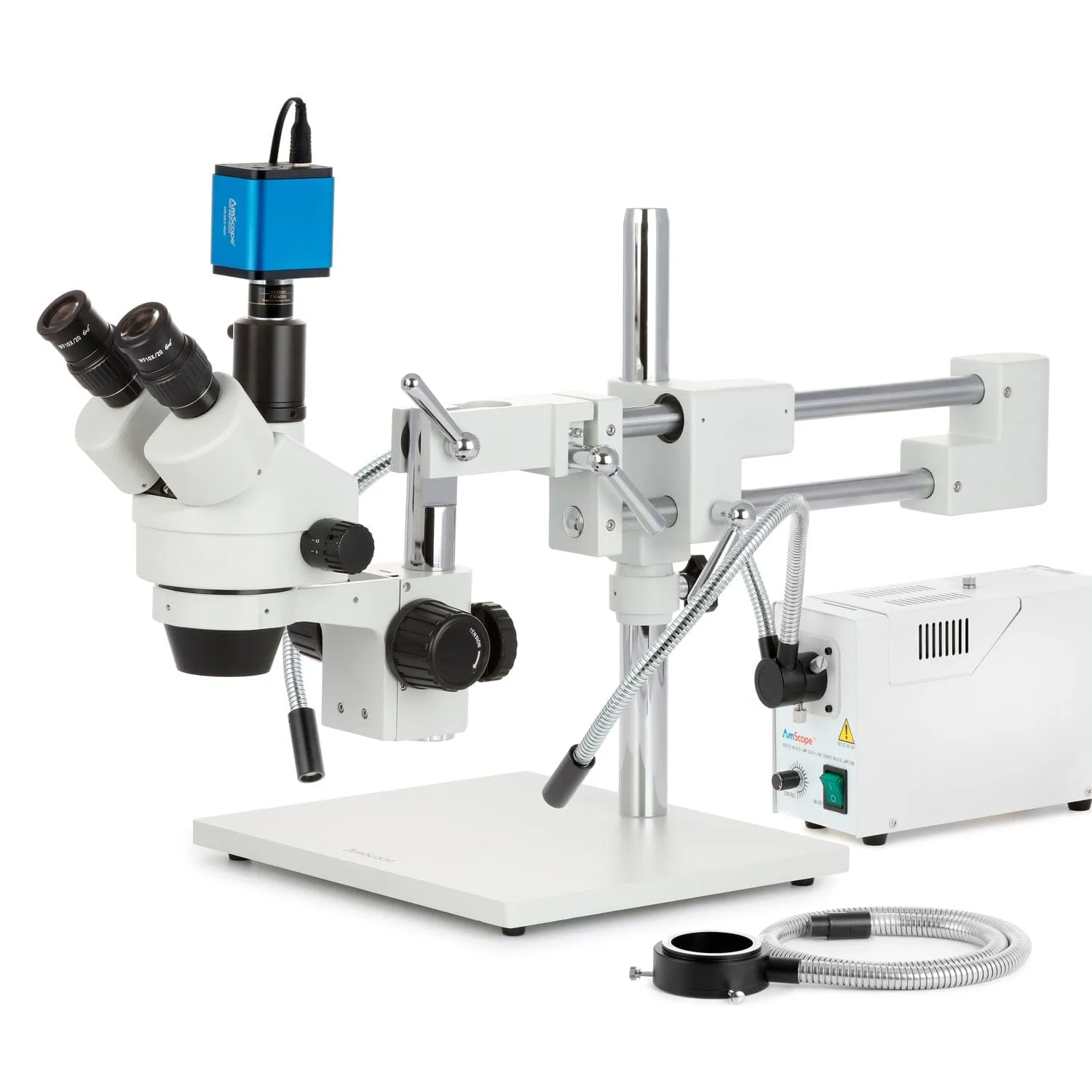 AmScope SM-4 Series Simul-Focal Zoom Trinocular Stereo Microscope with 150W Halogen Dual Gooseneck & Ring Lights and HDMI Camera on Double Arm Boom Stand