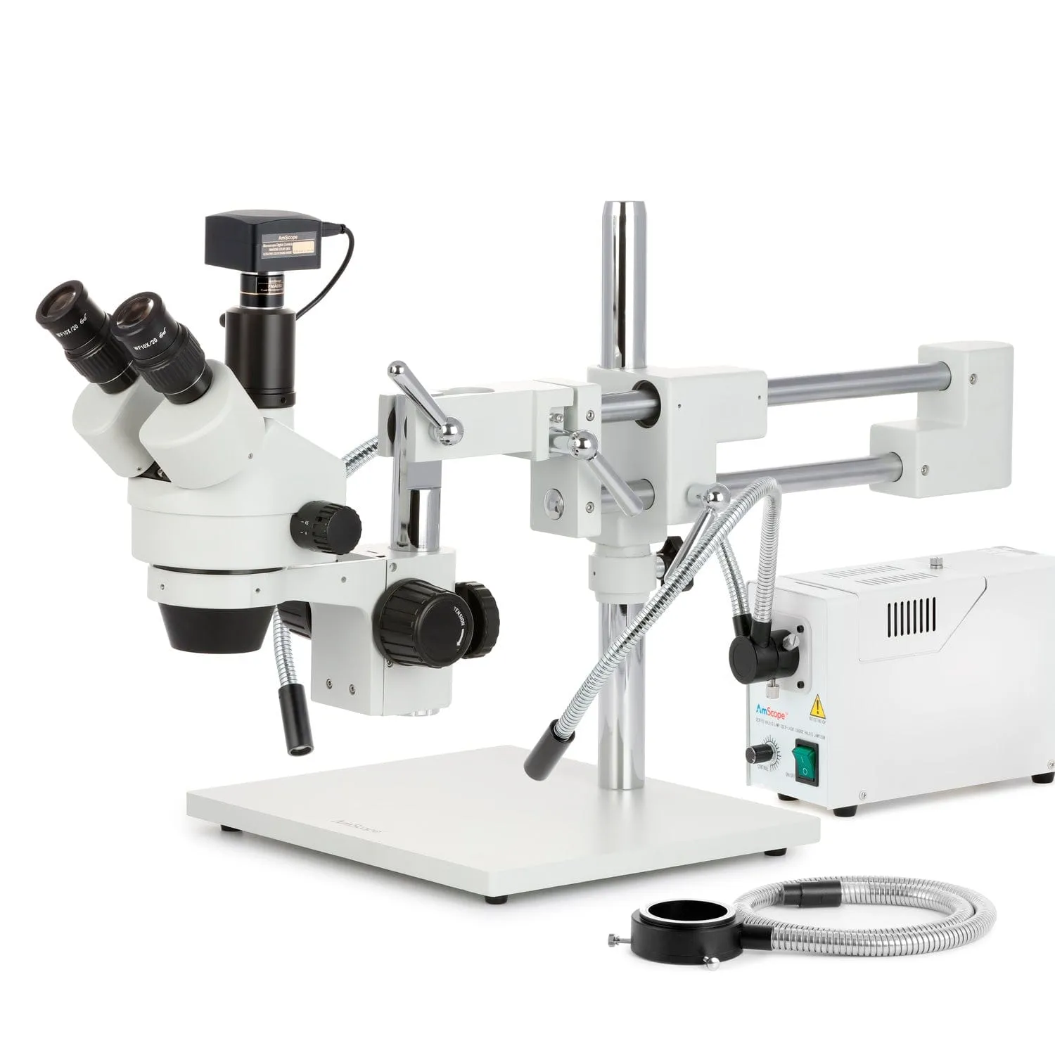 AmScope SM-4 Series Simul-Focal Zoom Trinocular Stereo Microscope with 150W Halogen Dual Gooseneck & Ring Lights and Optional Digital Camera on Double Arm Boom Stand