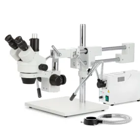 AmScope SM-4 Series Simul-Focal Zoom Trinocular Stereo Microscope with 150W Halogen Dual Gooseneck & Ring Lights and Optional Digital Camera on Double Arm Boom Stand