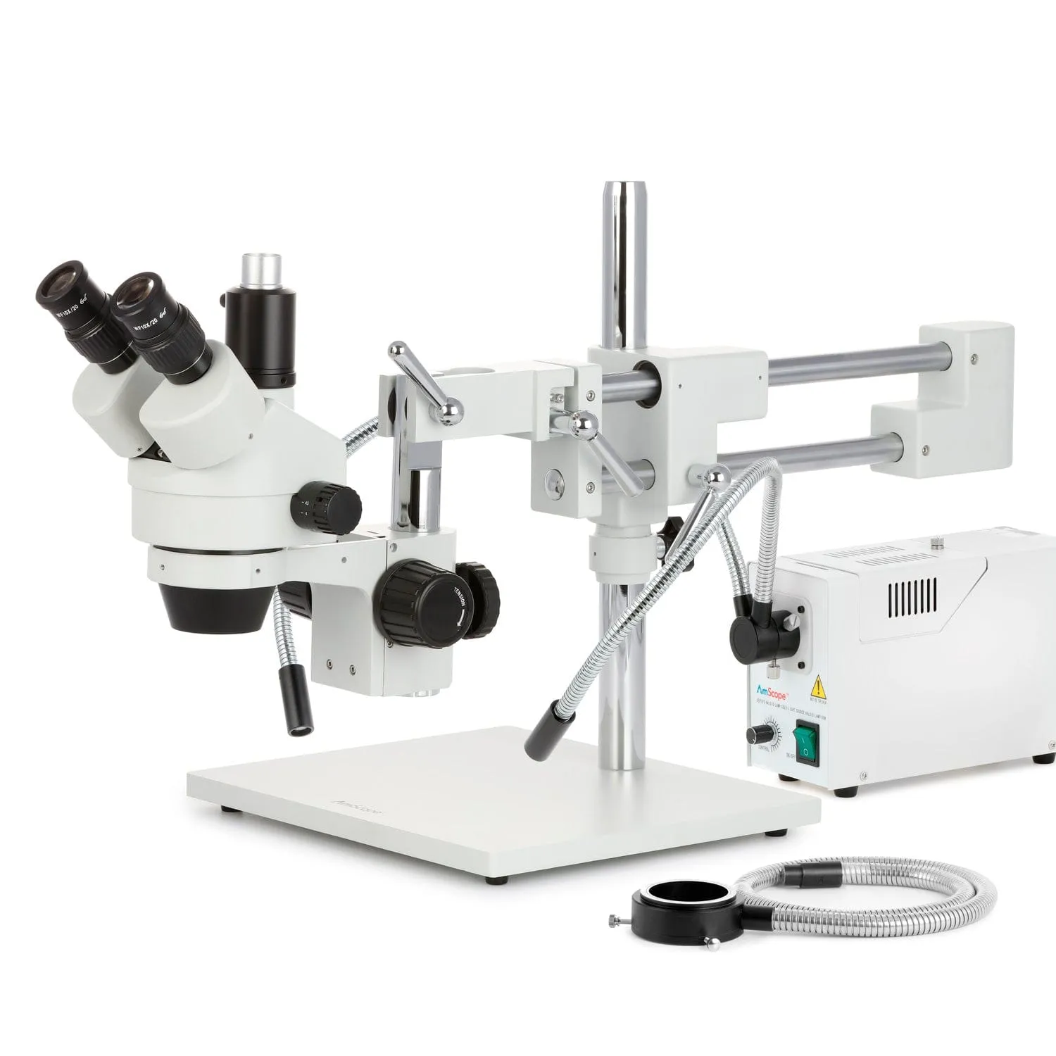 AmScope SM-4 Series Simul-Focal Zoom Trinocular Stereo Microscope with 150W Halogen Dual Gooseneck & Ring Lights and Optional Digital Camera on Double Arm Boom Stand
