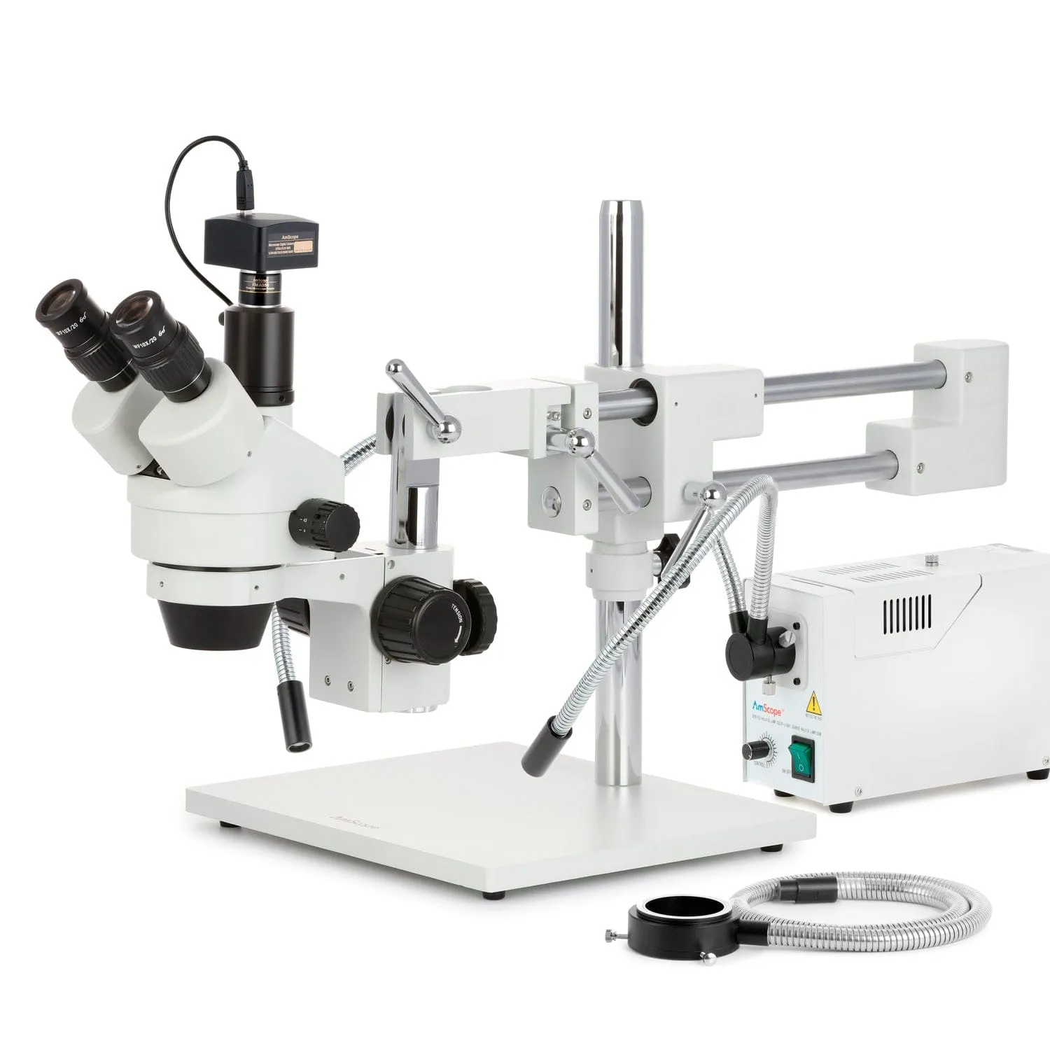 AmScope SM-4 Series Simul-Focal Zoom Trinocular Stereo Microscope with 150W Halogen Dual Gooseneck & Ring Lights and Optional Digital Camera on Double Arm Boom Stand