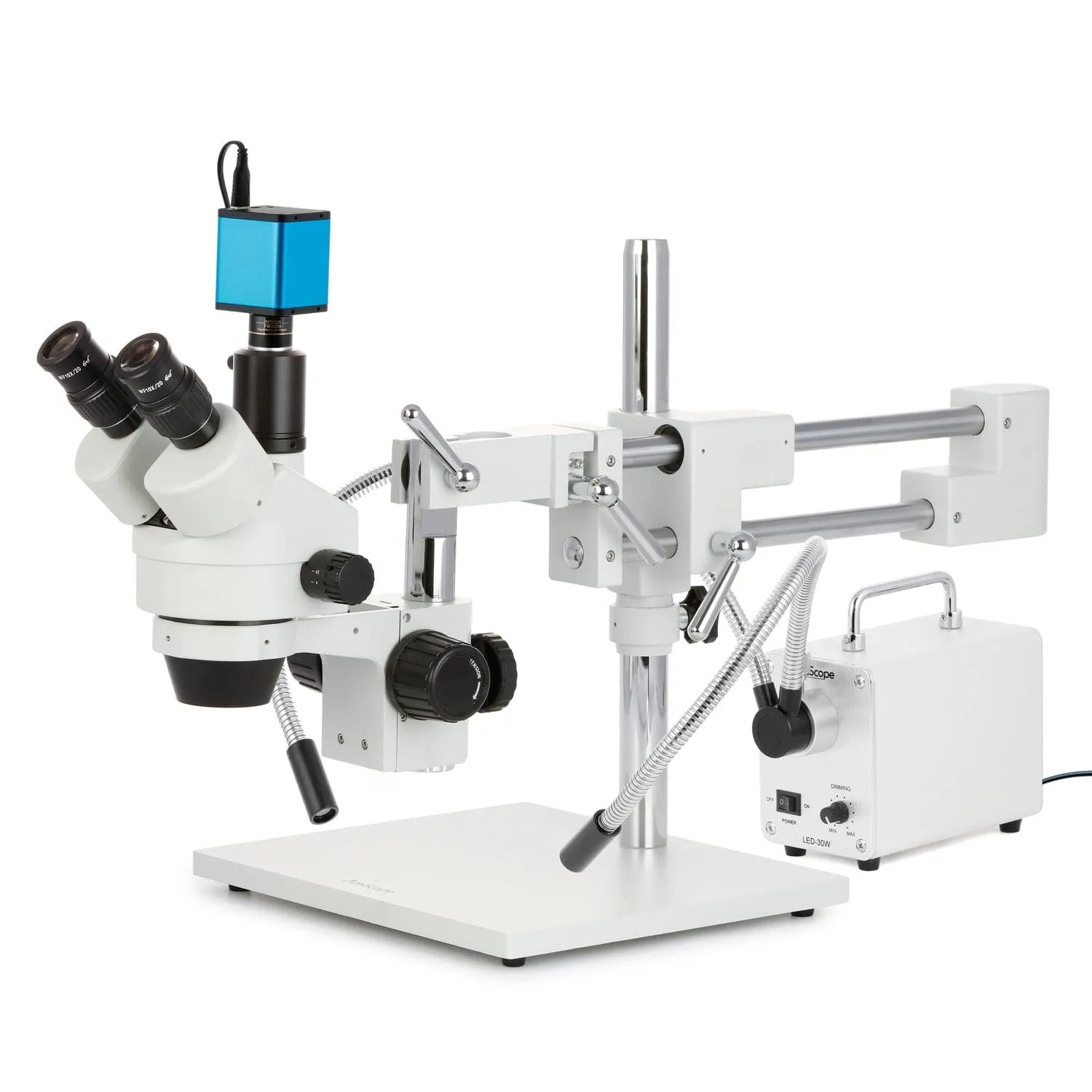 AmScope SM-4 Series Simul-Focal Zoom Trinocular Stereo Microscope with 30W LED Dual Gooseneck Fiber Optic Lights and Auto Focus Camera on Double Arm Boom Stand