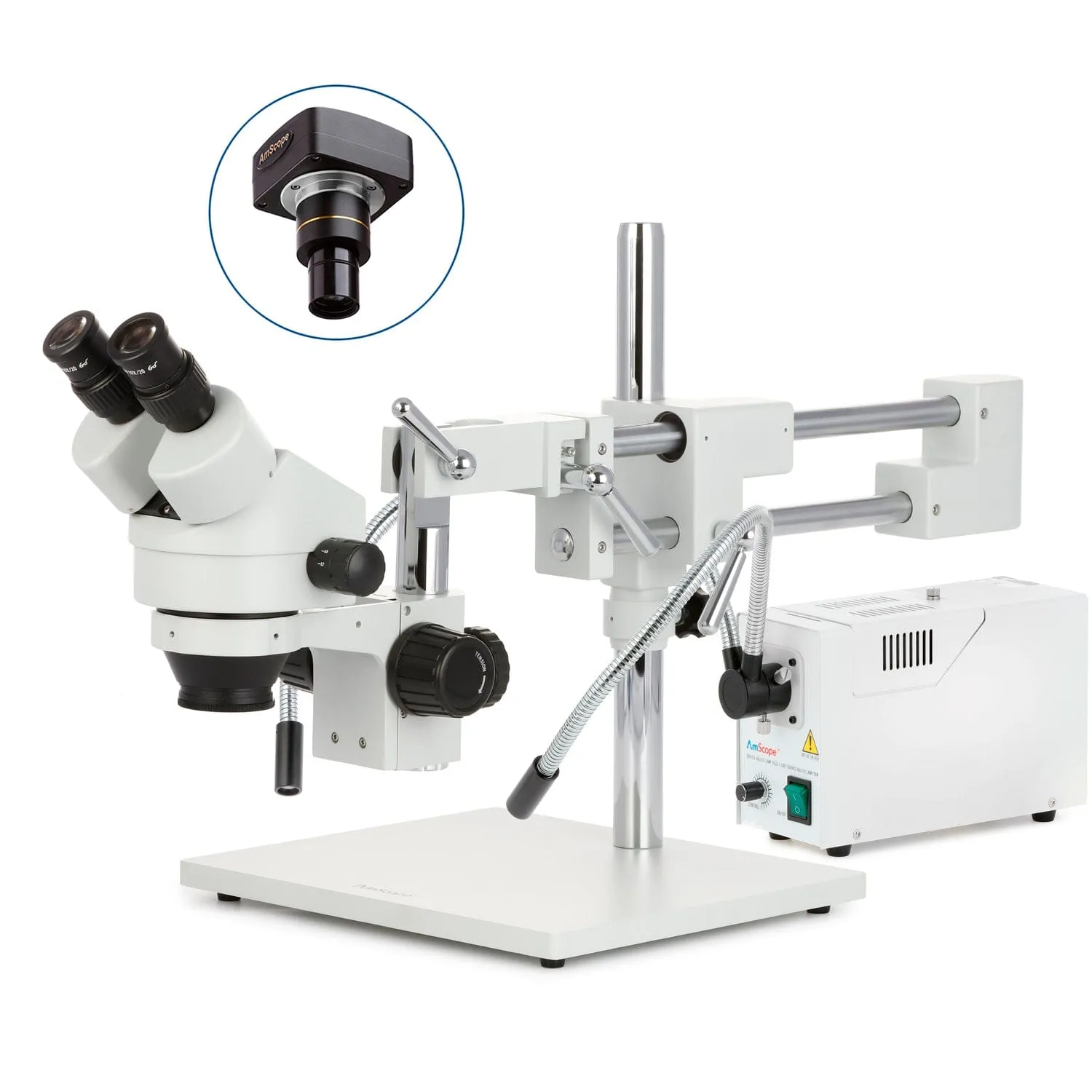 AmScope SM-4 Series Zoom Binocular Stereo Microscope with 150W Halogen Dual Fiber Gooseneck Lights and Optional Digital Camera on Double Arm Boom Stand