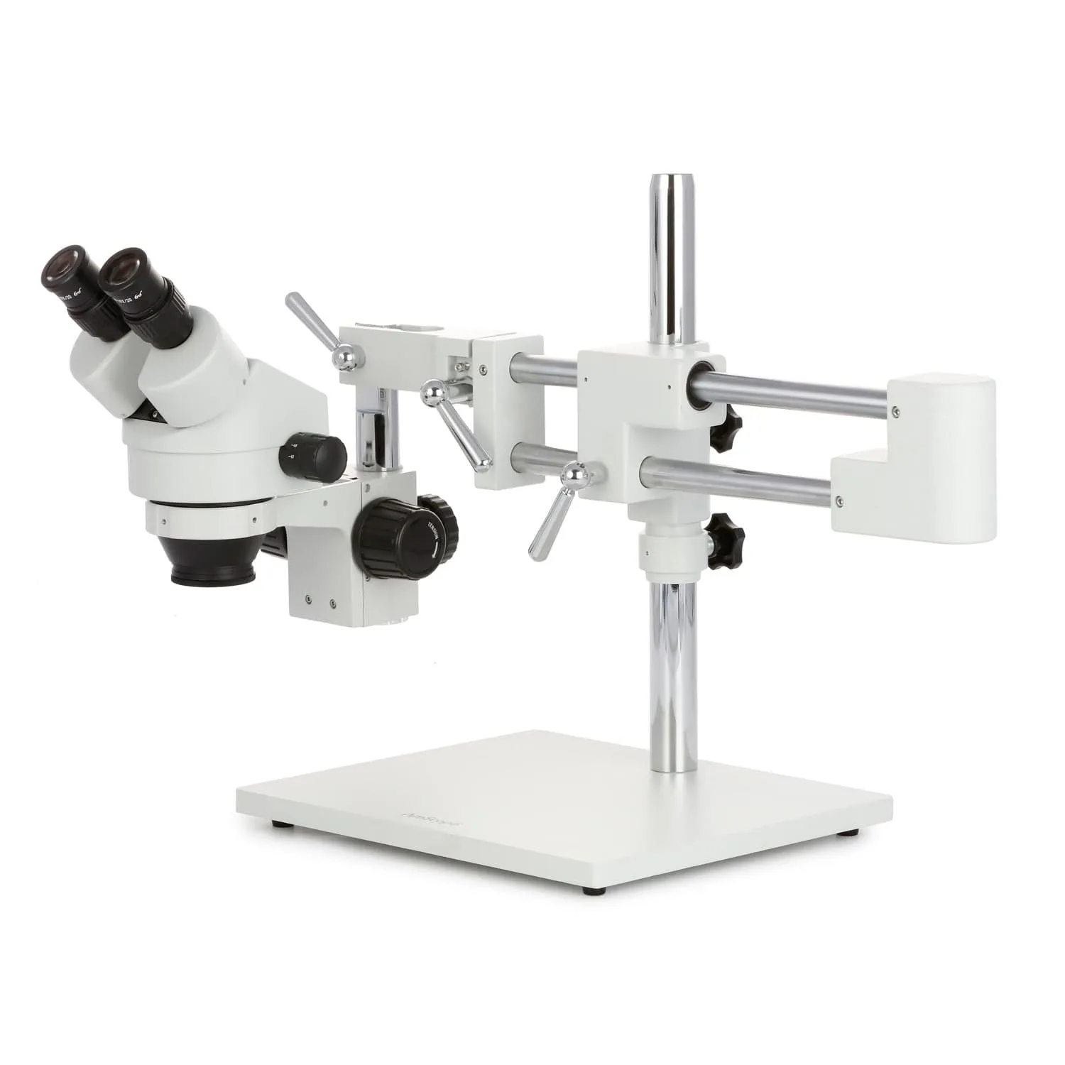 AmScope SM-4 Series Zoom Binocular Stereo Microscope with 150W Halogen Dual Fiber Gooseneck Lights and Optional Digital Camera on Double Arm Boom Stand