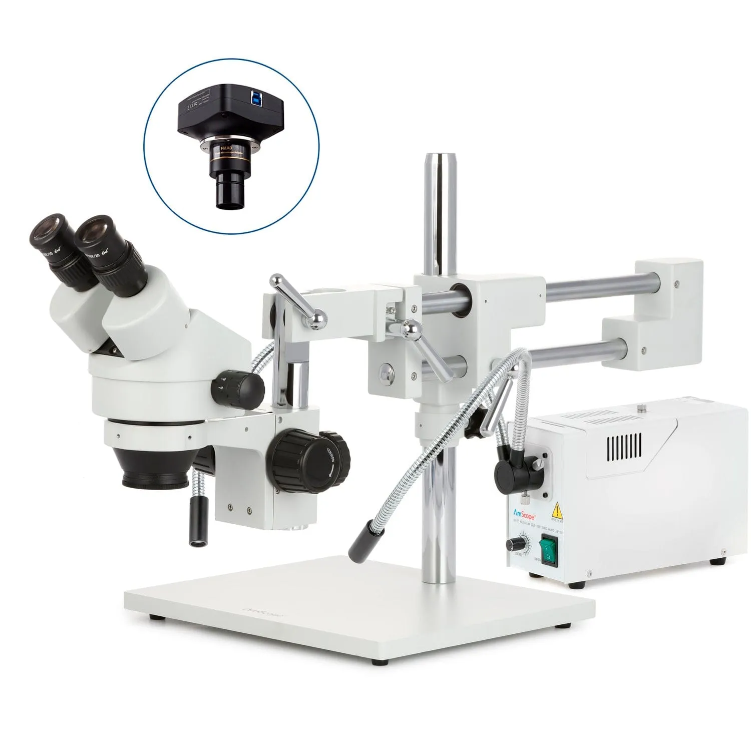 AmScope SM-4 Series Zoom Binocular Stereo Microscope with 150W Halogen Dual Fiber Gooseneck Lights and Optional Digital Camera on Double Arm Boom Stand