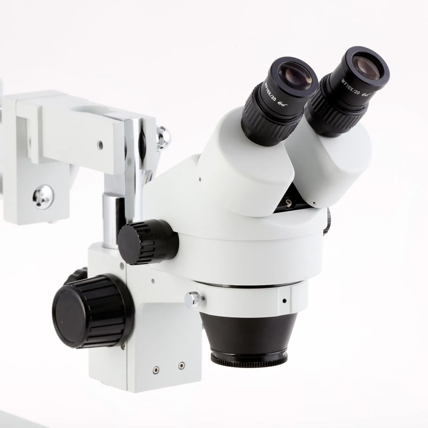 AmScope SM-4 Series Zoom Binocular Stereo Microscope with 150W Halogen Dual Fiber Gooseneck Lights and Optional Digital Camera on Double Arm Boom Stand