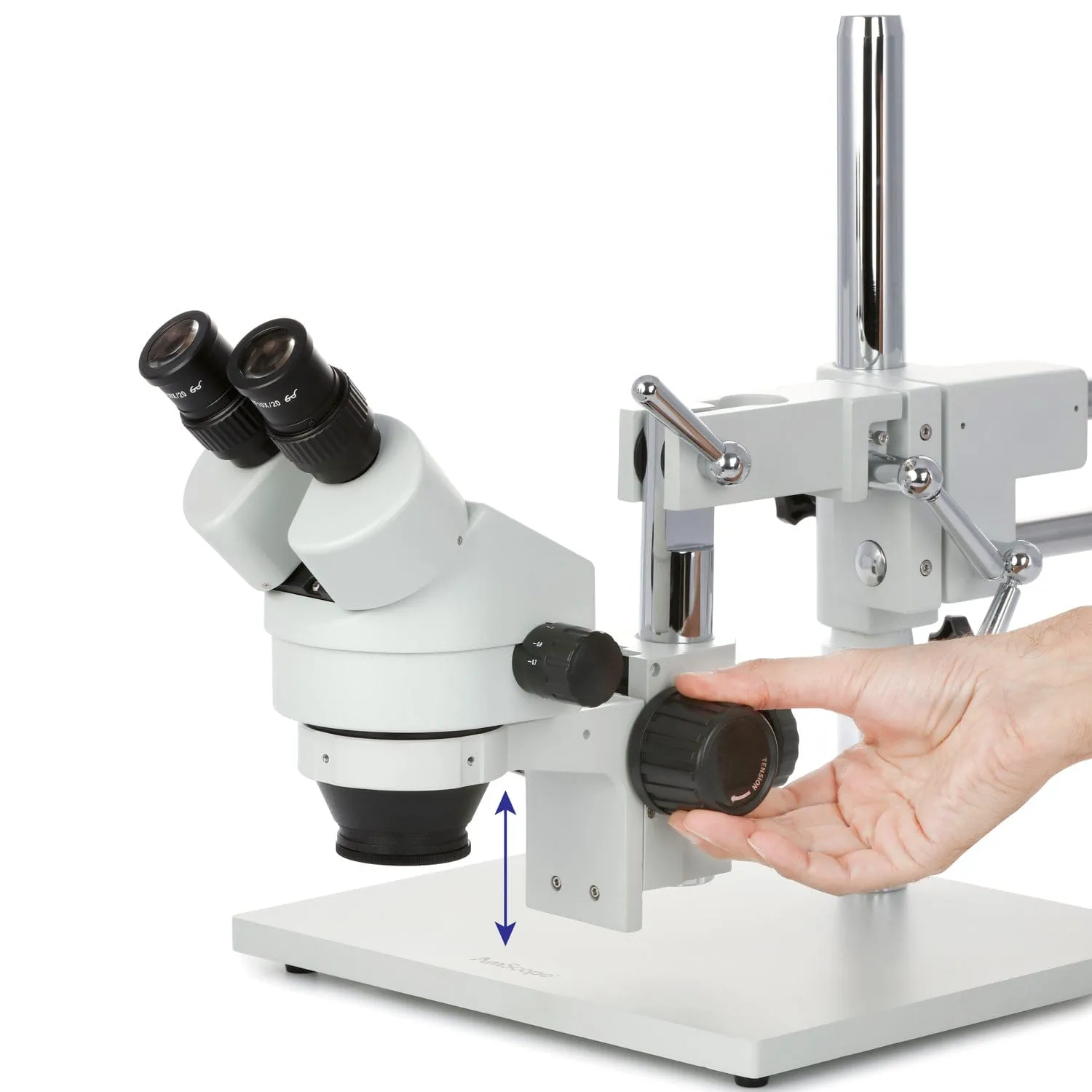 AmScope SM-4 Series Zoom Binocular Stereo Microscope with 150W Halogen Dual Fiber Gooseneck Lights and Optional Digital Camera on Double Arm Boom Stand