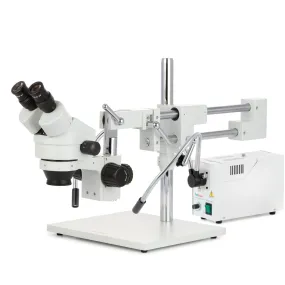 AmScope SM-4 Series Zoom Binocular Stereo Microscope with 150W Halogen Dual Fiber Gooseneck Lights and Optional Digital Camera on Double Arm Boom Stand