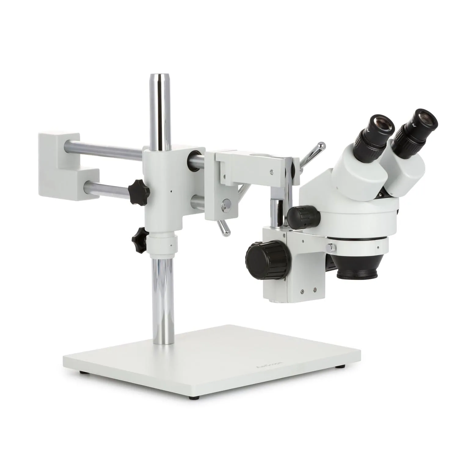 AmScope SM-4 Series Zoom Binocular Stereo Microscope with 150W Halogen Dual Fiber Gooseneck Lights and Optional Digital Camera on Double Arm Boom Stand