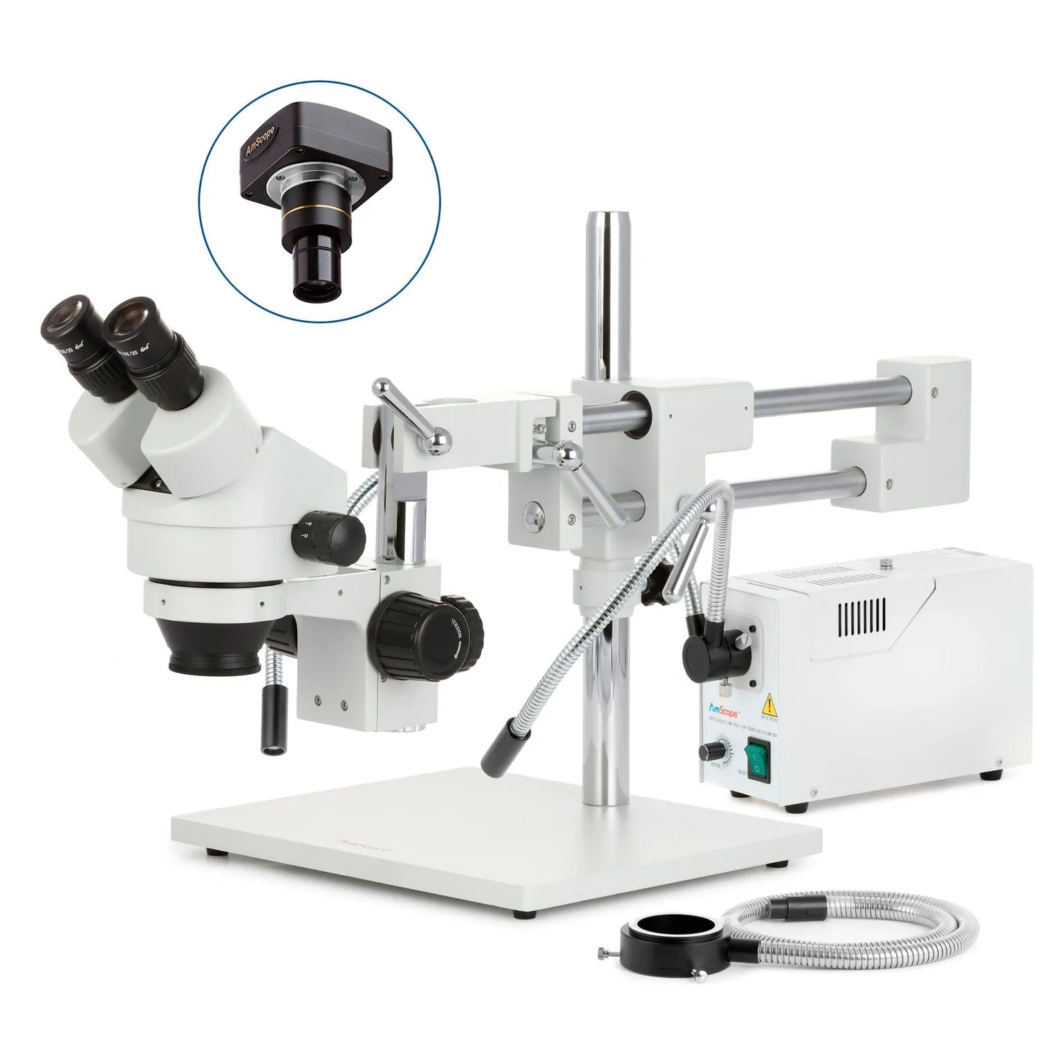 AmScope SM-4 Series Zoom Binocular Stereo Microscope with 150W Halogen Dual Gooseneck & Ring Lights and Optional Digital Camera on Double Arm Boom Stand