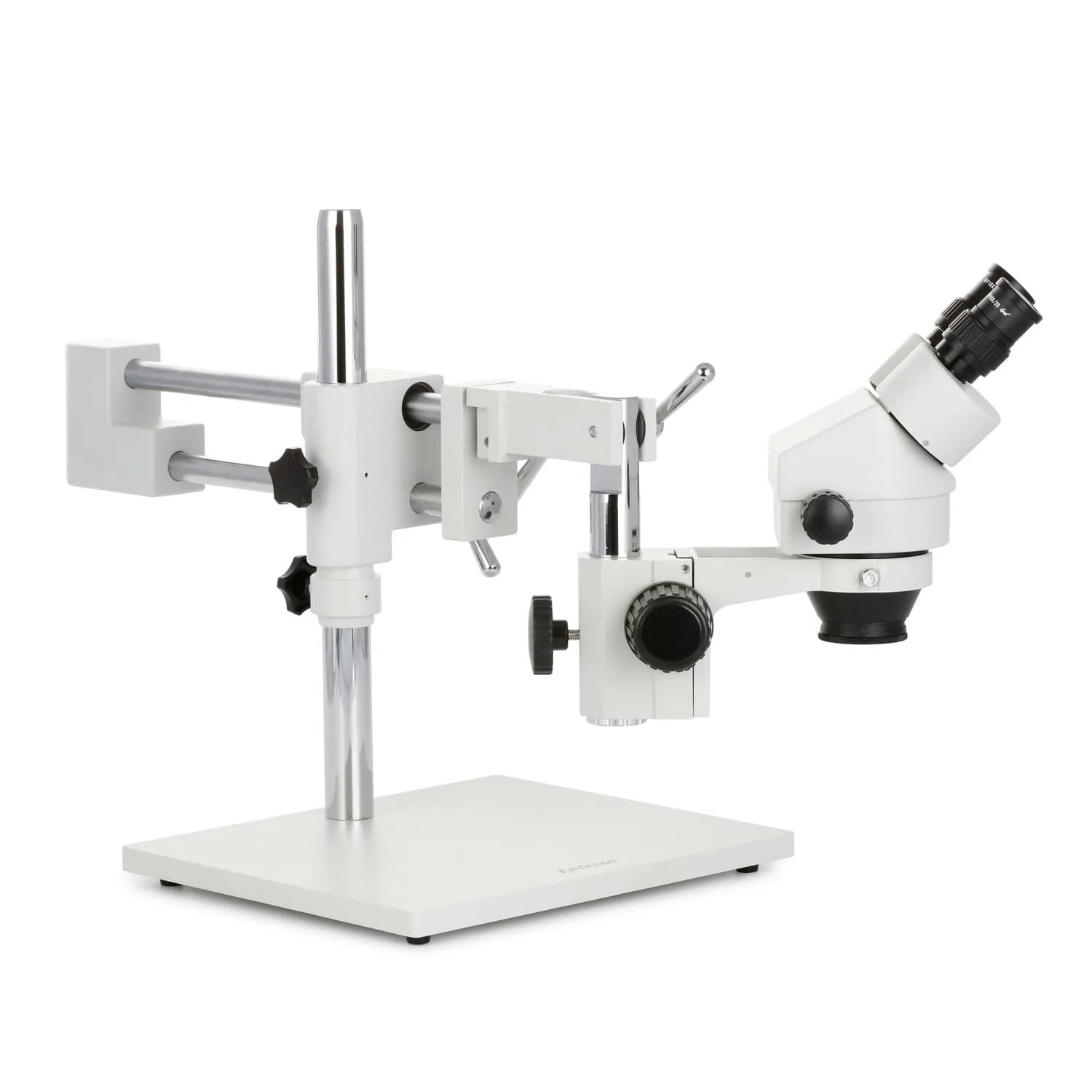 AmScope SM-4 Series Zoom Binocular Stereo Microscope with 150W Halogen Dual Gooseneck & Ring Lights and Optional Digital Camera on Double Arm Boom Stand