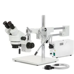 AmScope SM-4 Series Zoom Binocular Stereo Microscope with 150W Halogen Dual Gooseneck & Ring Lights and Optional Digital Camera on Double Arm Boom Stand