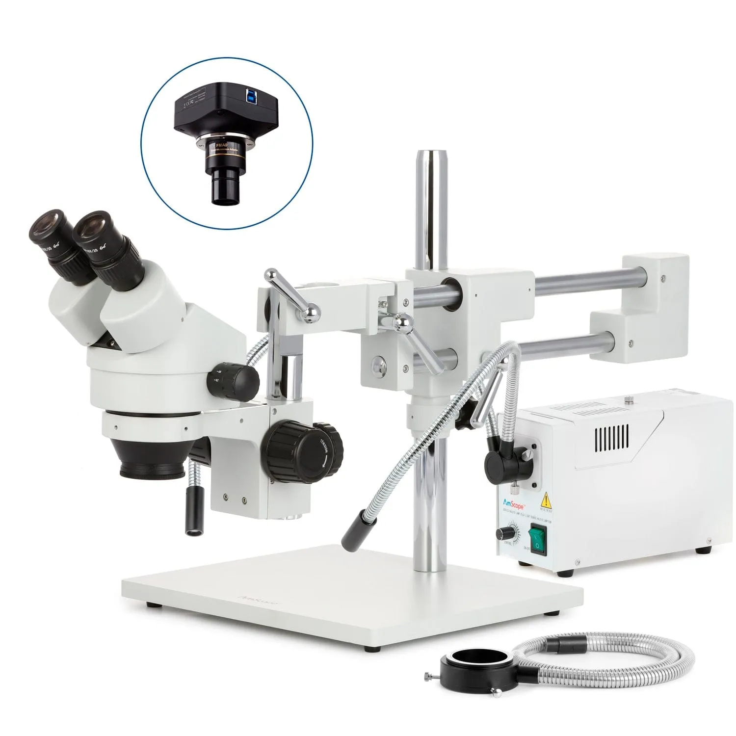 AmScope SM-4 Series Zoom Binocular Stereo Microscope with 150W Halogen Dual Gooseneck & Ring Lights and Optional Digital Camera on Double Arm Boom Stand