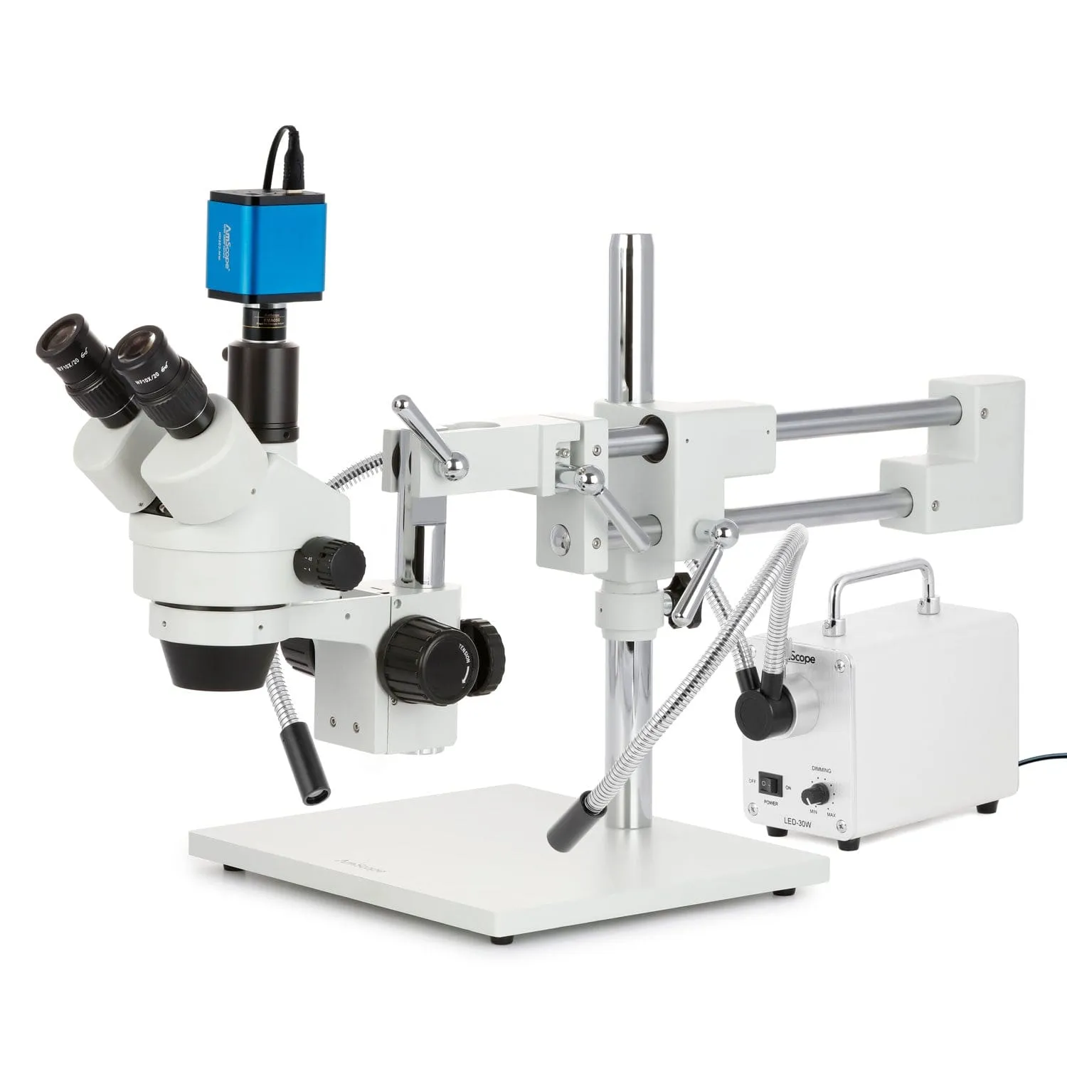 AmScope SM-4 Series Zoom Trinocular Stereo Microscope with 30W LED Dual Gooseneck Fiber Optic Lights and HDMI Camera on Double Arm Boom Stand