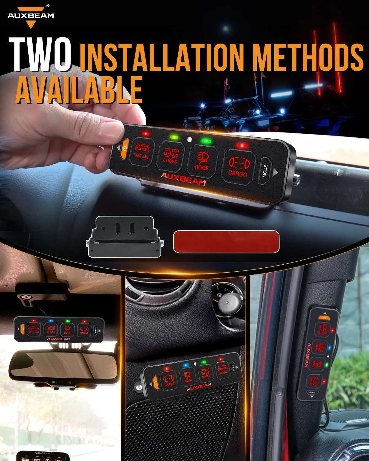 AS-400 RGB Slim Switch Panel with APP&Remote Control, Toggle/ Momentary/ Pulsed Mode Supported(One-Sided Outlet)