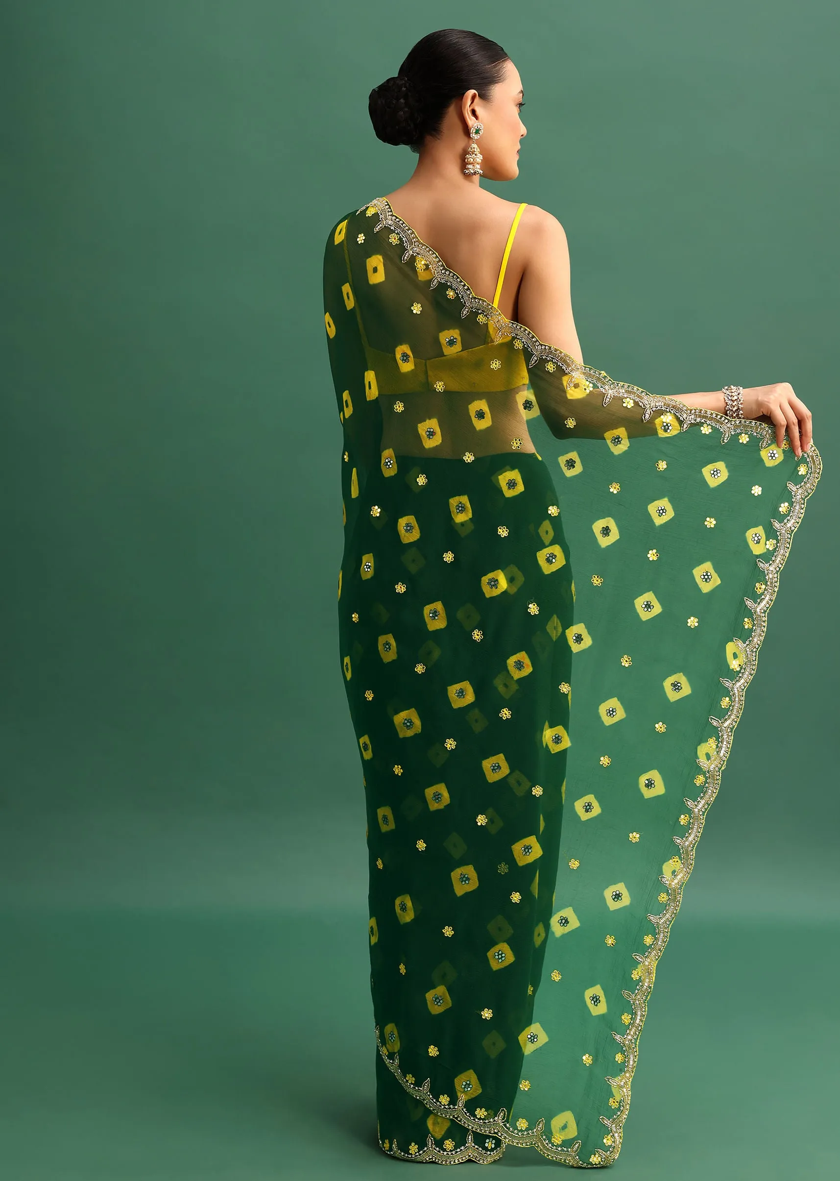 Bottle Green Chiffon Leheriya Saree With Embroidered Border And Unstitched Blouse