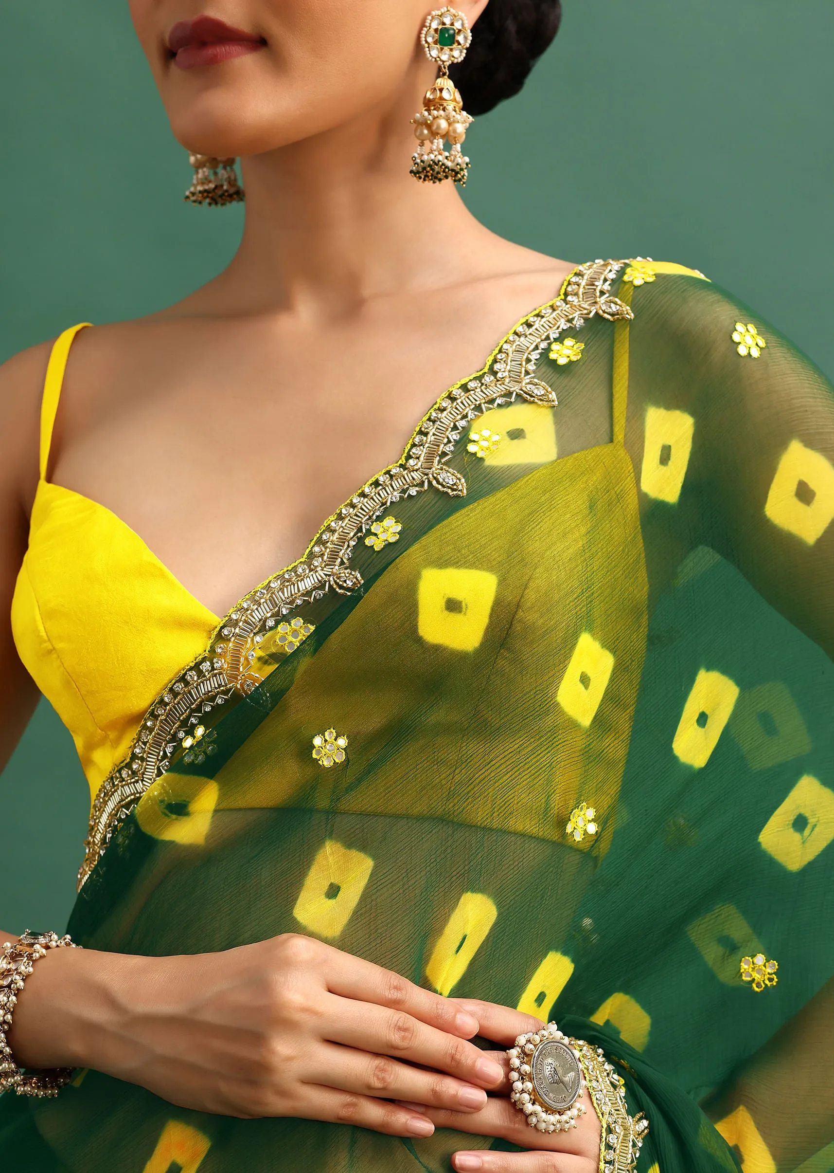 Bottle Green Chiffon Leheriya Saree With Embroidered Border And Unstitched Blouse