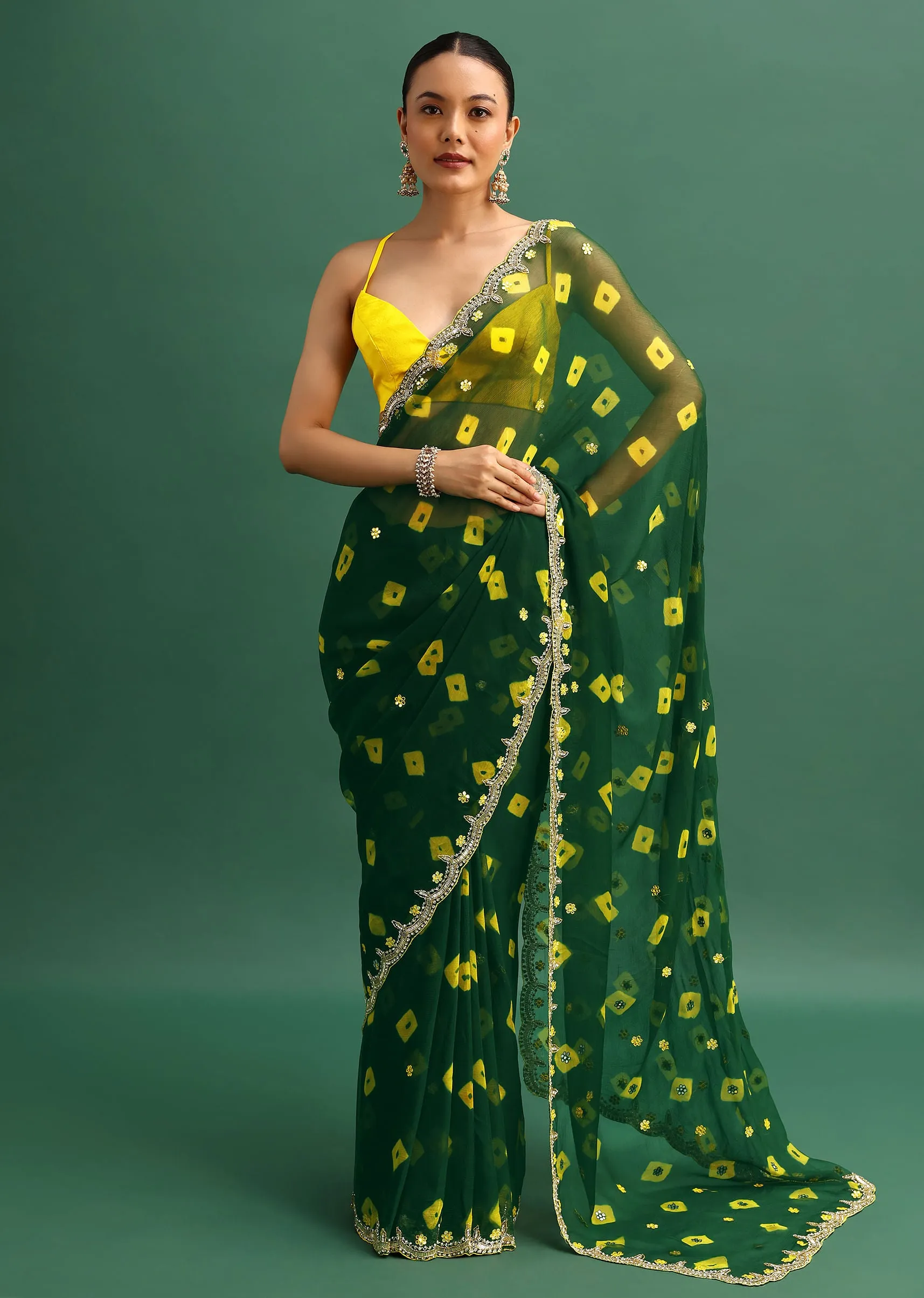 Bottle Green Chiffon Leheriya Saree With Embroidered Border And Unstitched Blouse