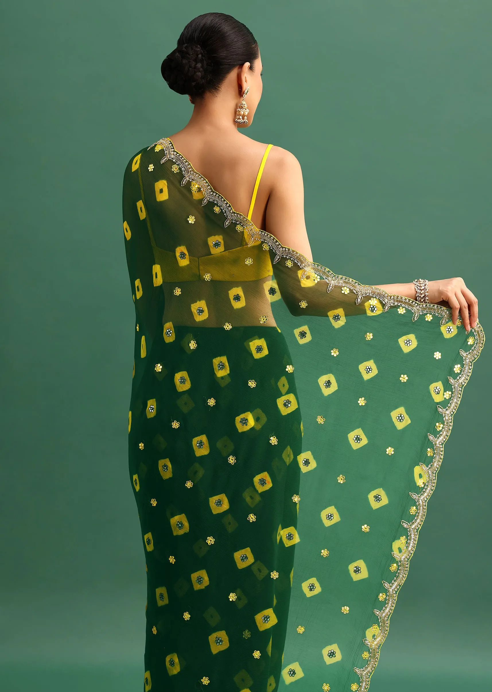 Bottle Green Chiffon Leheriya Saree With Embroidered Border And Unstitched Blouse