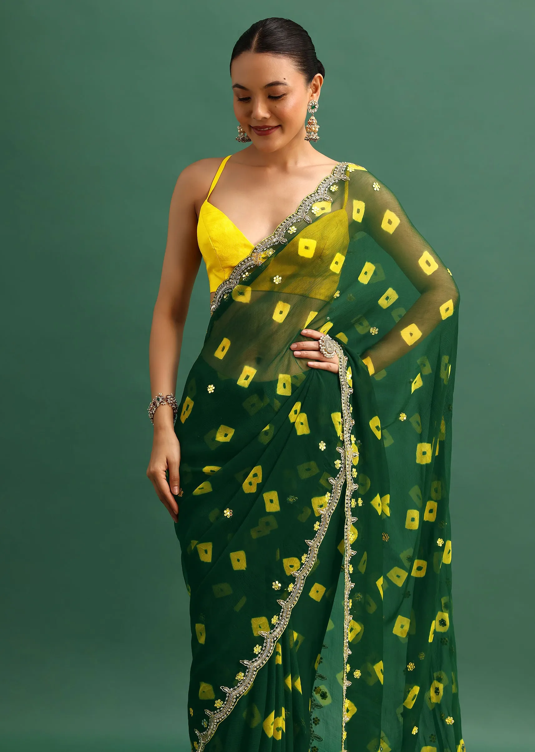 Bottle Green Chiffon Leheriya Saree With Embroidered Border And Unstitched Blouse