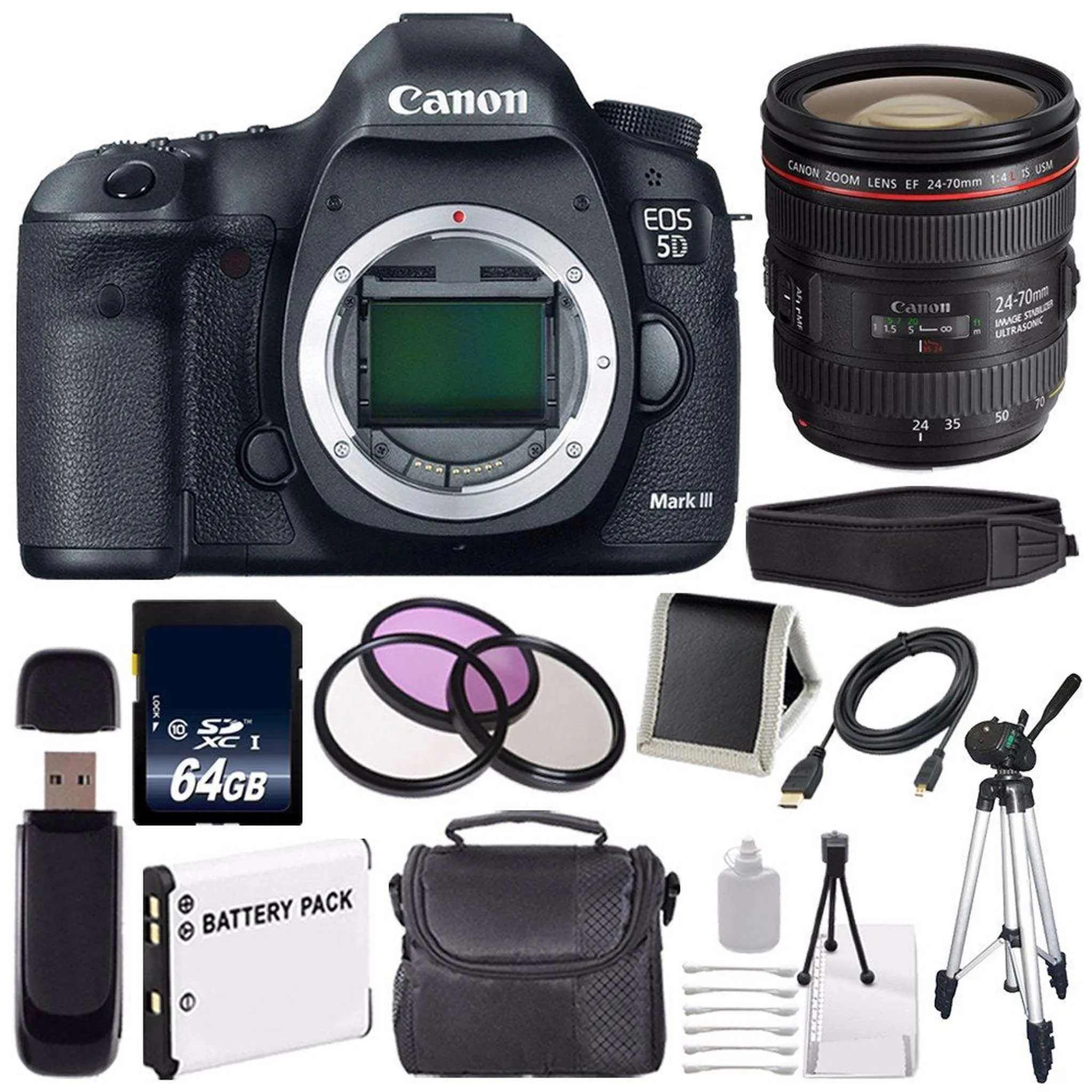 Canon EOD 5D III Digital Camera International Model   Canon EF 24-70mm f/4L is USM Lens   LP-E6 Battery   64GB Memory Card Storage Bundle