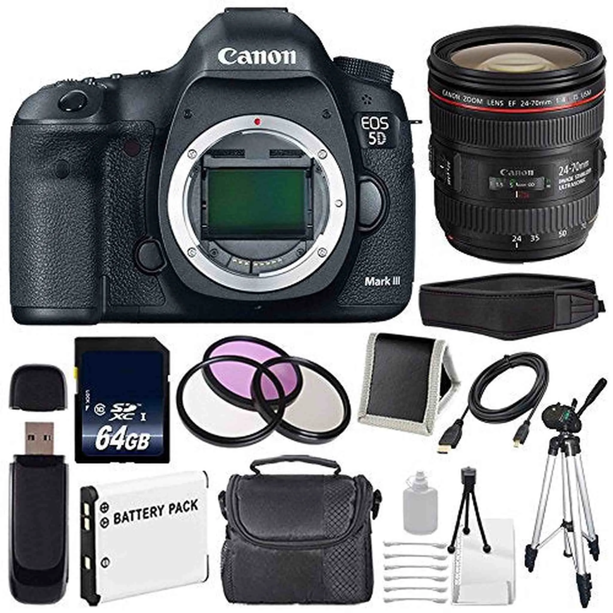 Canon EOD 5D III Digital Camera International Model   Canon EF 24-70mm f/4L is USM Lens   LP-E6 Battery   64GB Memory Card Storage Bundle