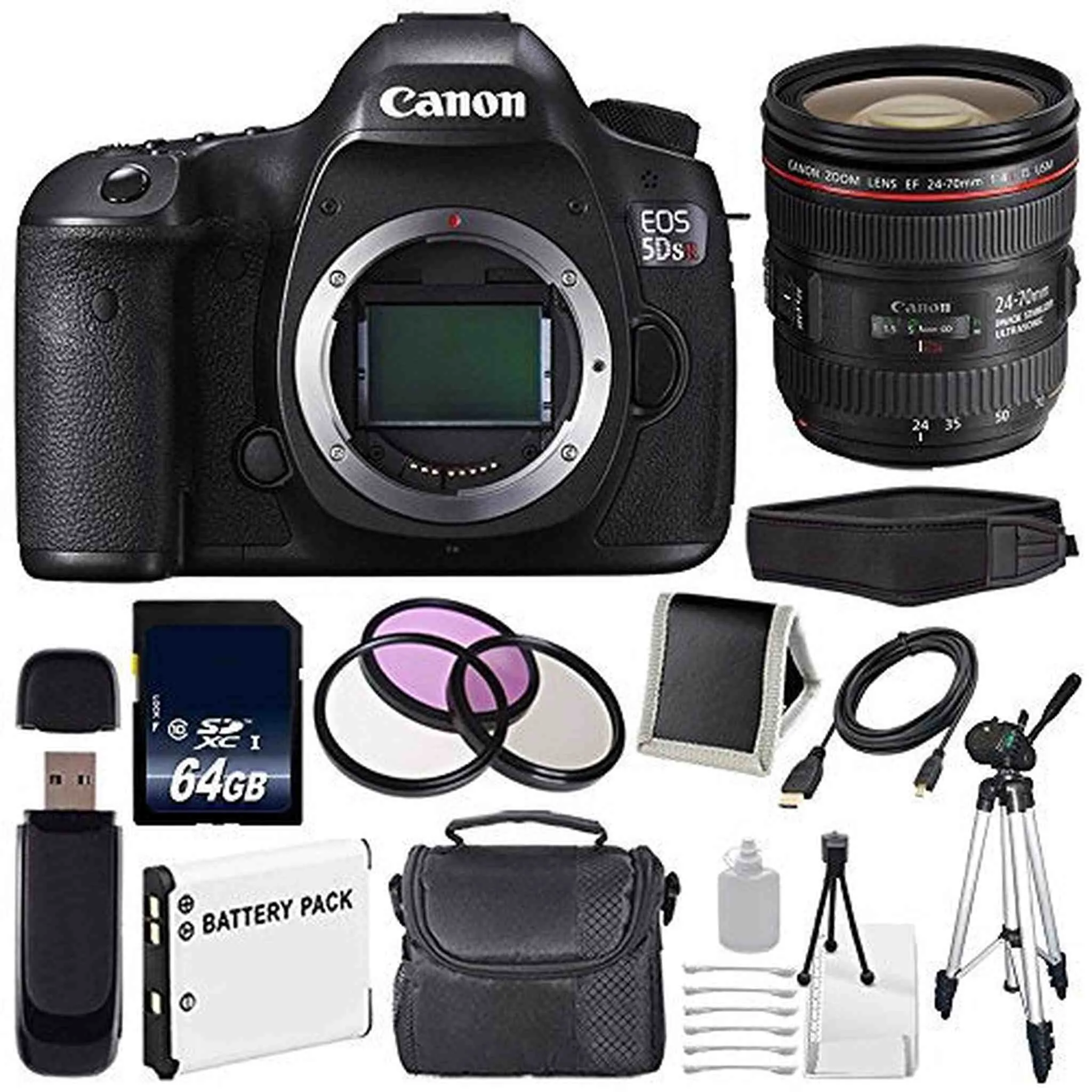 Canon EOS 5DS R DSLR Camera (International Model) 0582C002   Canon EF 24-70mm f/4L is USM Lens   LP-E6 Battery   64GB Card Storage Bundle