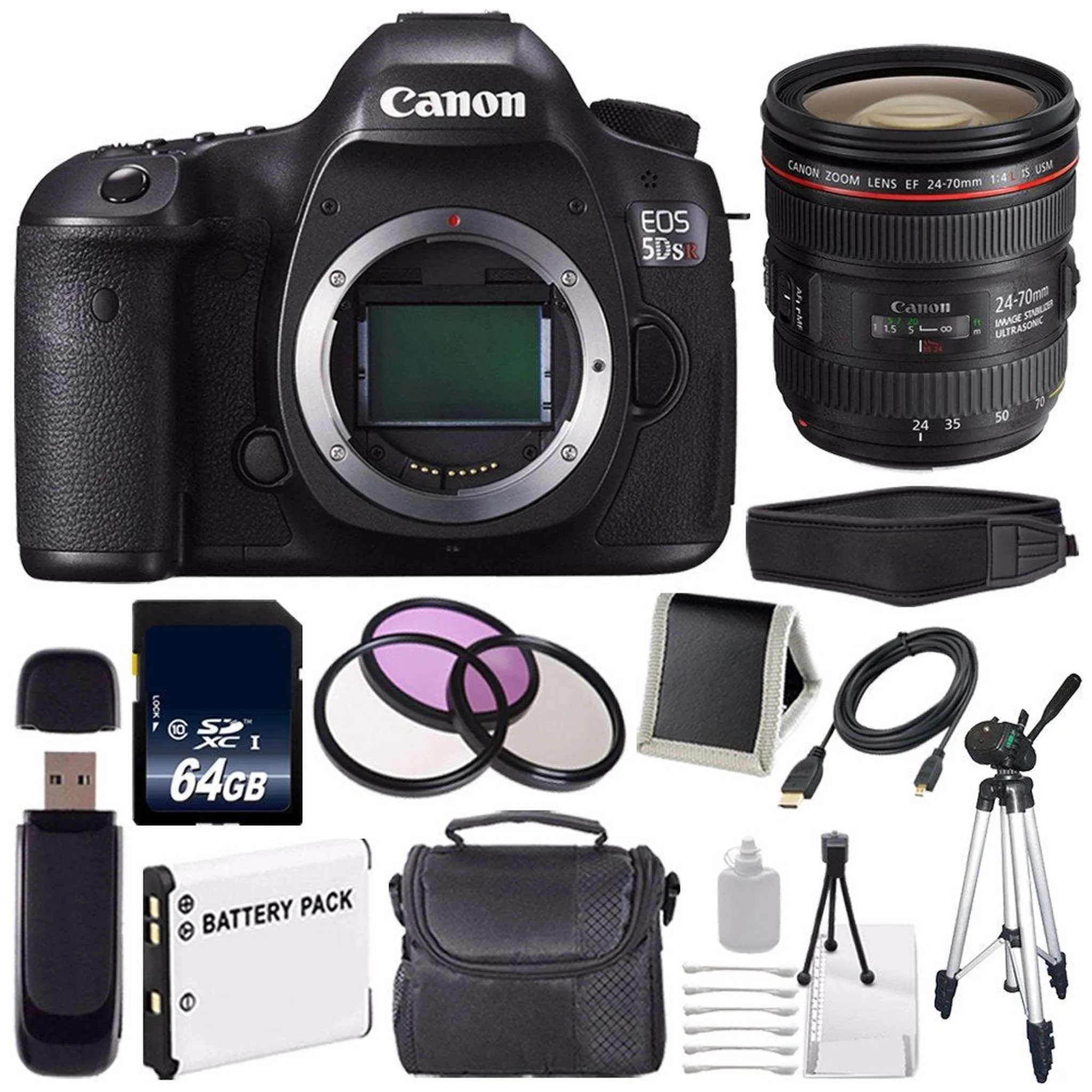 Canon EOS 5DS R DSLR Camera (International Model) 0582C002   Canon EF 24-70mm f/4L is USM Lens   LP-E6 Battery   64GB Card Storage Bundle